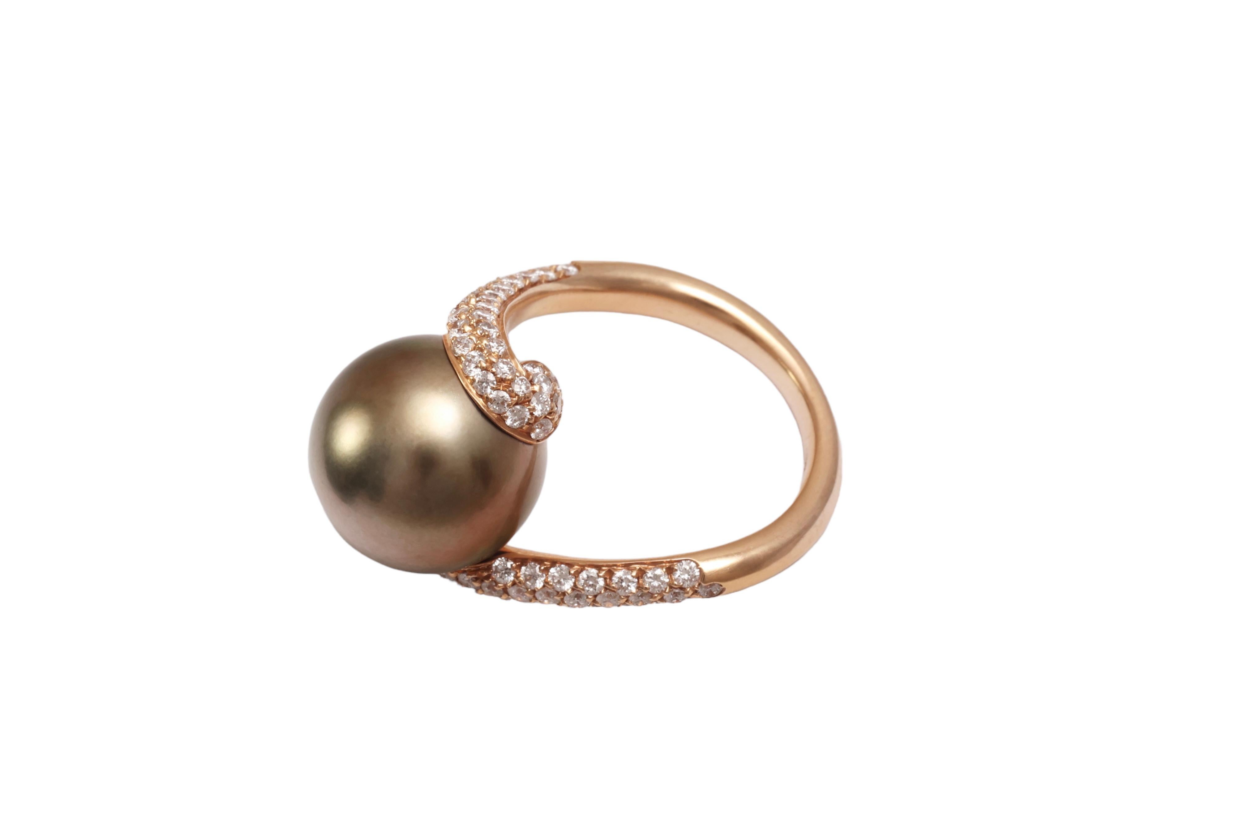 Femenino o masculino 18 kt. Anillo de Oro Rosa y Preciosa Perla de Tahití y 0,96 ct. Diamantes en venta