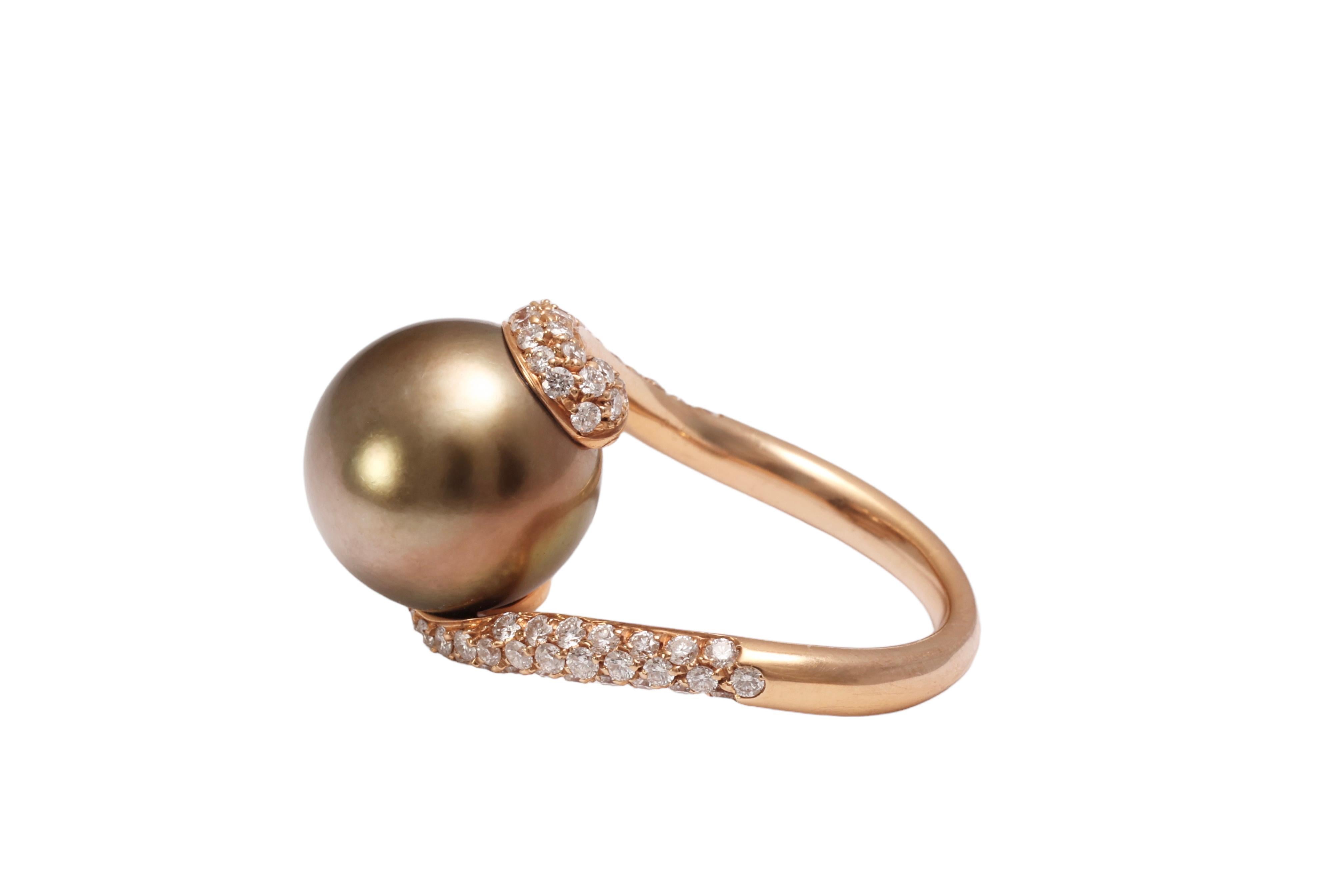 18 kt. Anillo de Oro Rosa y Preciosa Perla de Tahití y 0,96 ct. Diamantes en venta 1