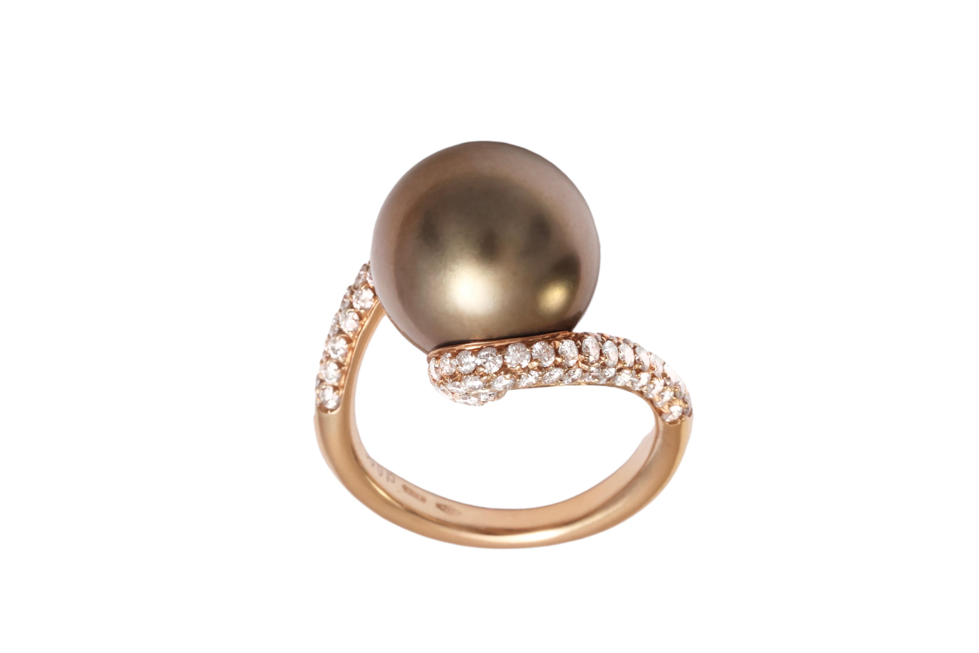 18 kt. Anillo de Oro Rosa y Preciosa Perla de Tahití y 0,96 ct. Diamantes en venta 3