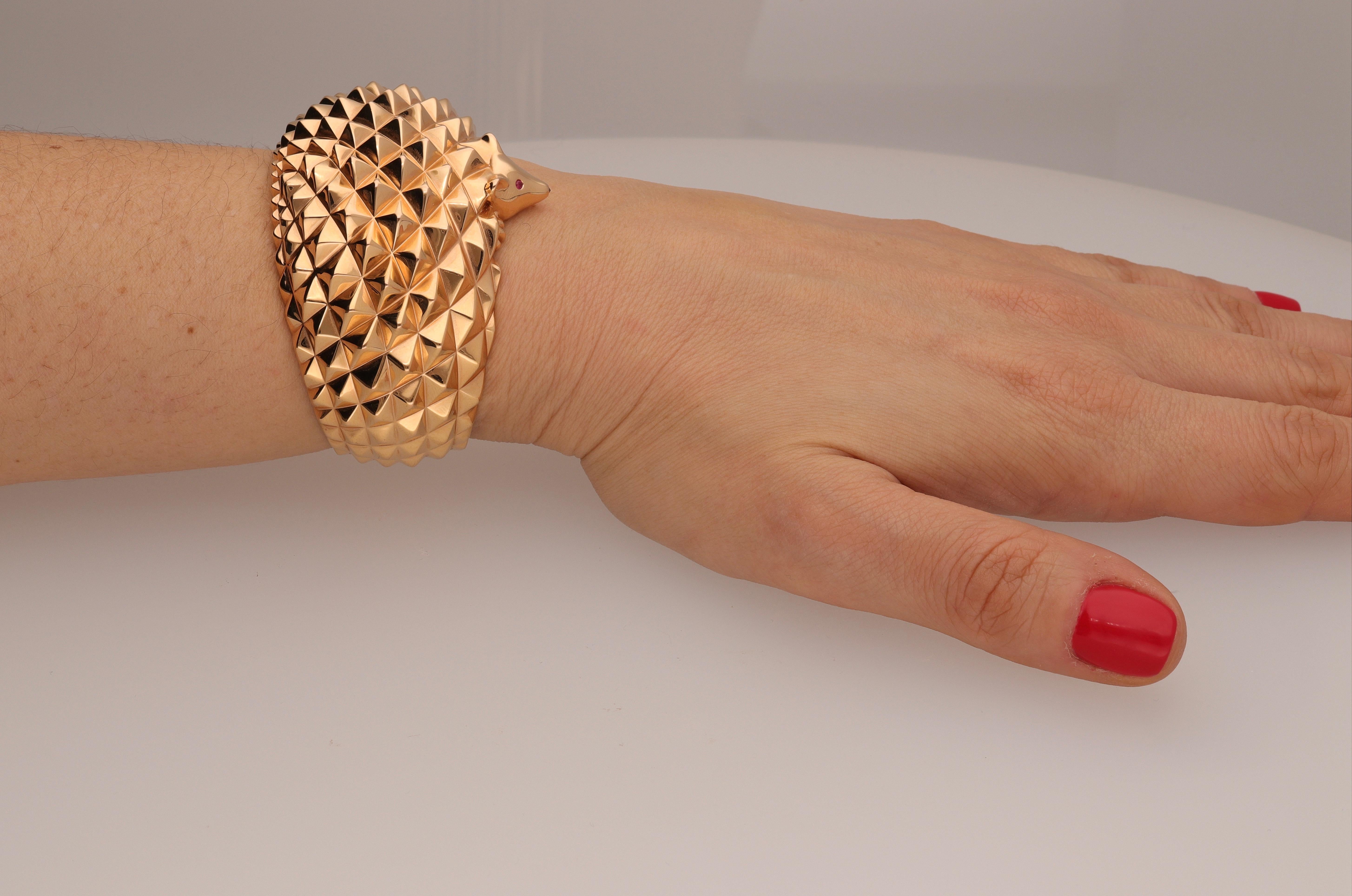 Modern 18 Karat Pink Gold Rubies Black Sapphire Boucheron Hans Hedgehog Bangle