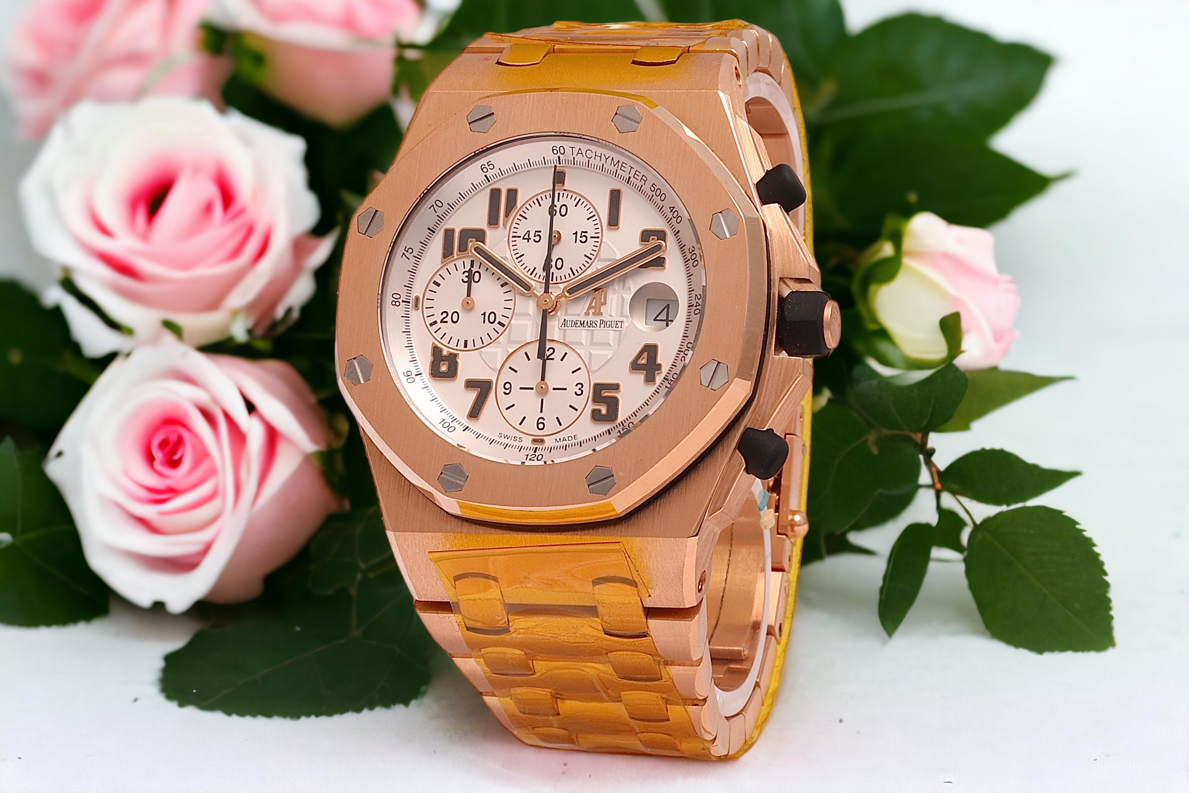 18 Kt Pink/Rose Gold Audemars Piguet Off Shore Chronograph, Extract/Box/Revision For Sale 5