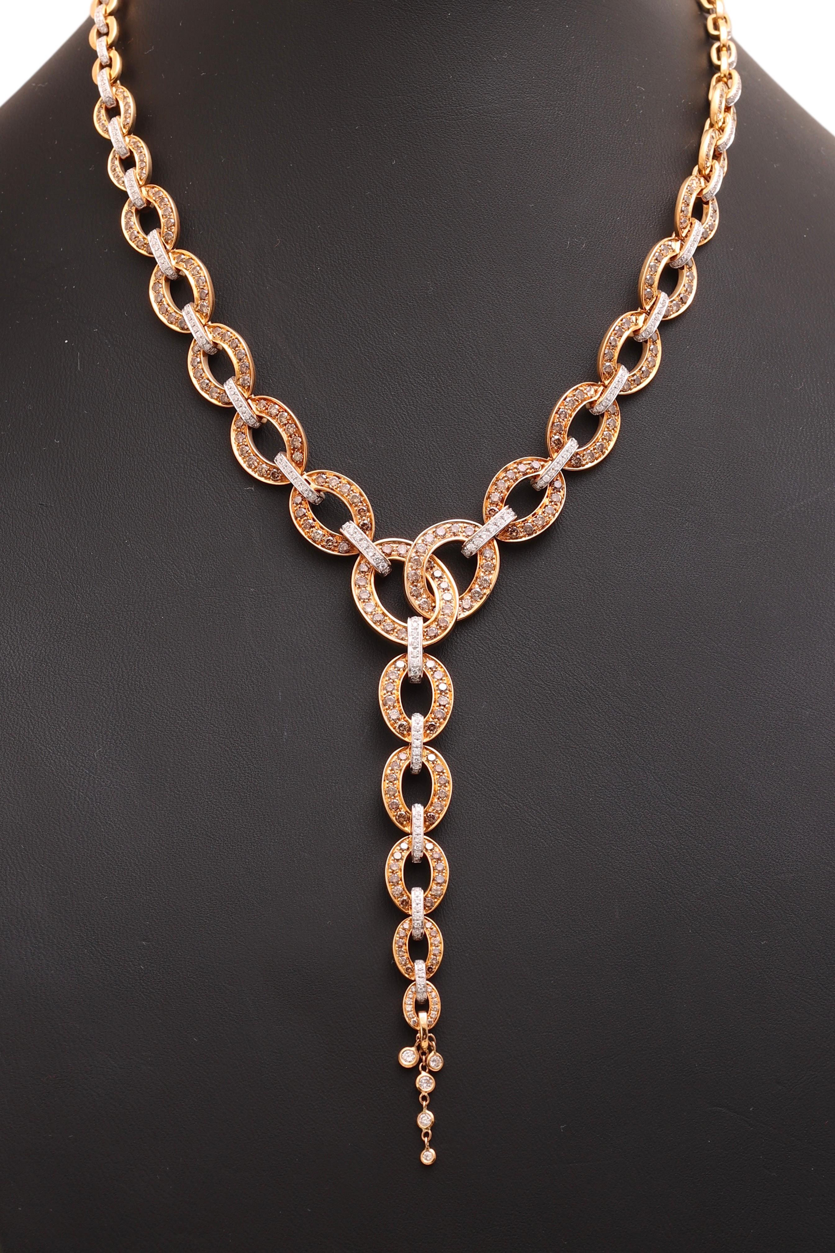 Artisan 18 kt. Pink & White Gold SET Necklace & Earrings Cognac & White 9.44 Ct Diamonds For Sale