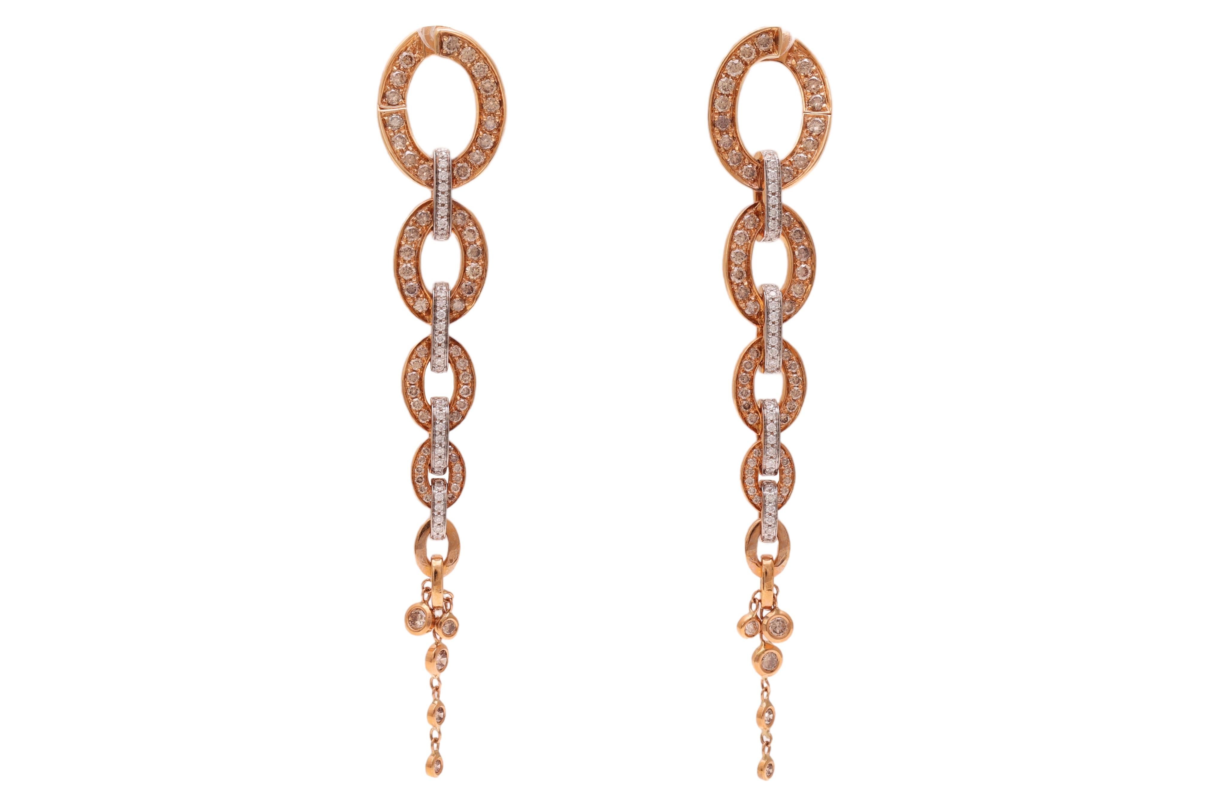 18 kt. Pink & White Gold SET Necklace & Earrings Cognac & White 9.44 Ct Diamonds For Sale 2