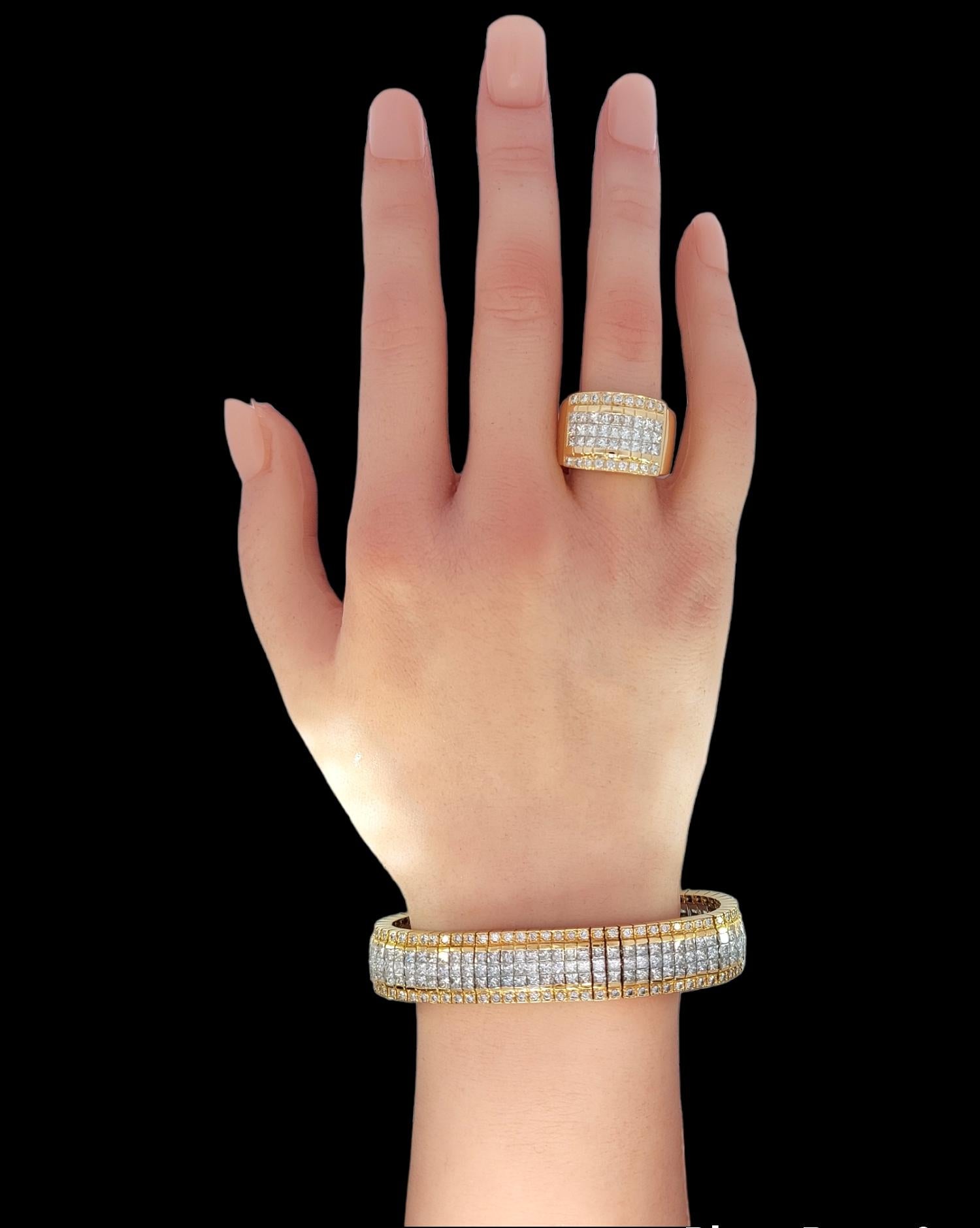 Bracelet invisible et bague assortie en diamants princesse de 18 carats, succession Sultan Oman en vente 9