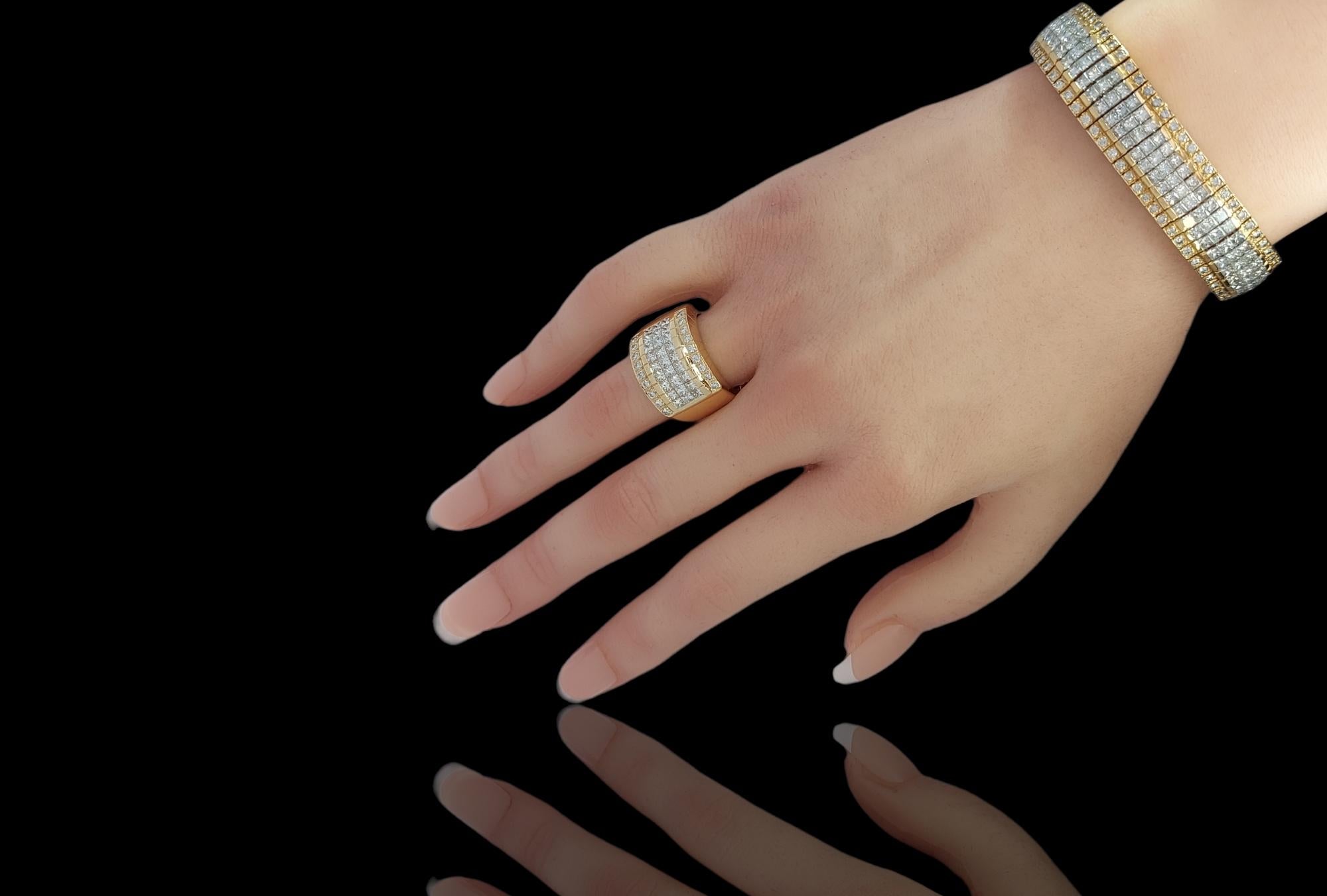 Bracelet invisible et bague assortie en diamants princesse de 18 carats, succession Sultan Oman en vente 11