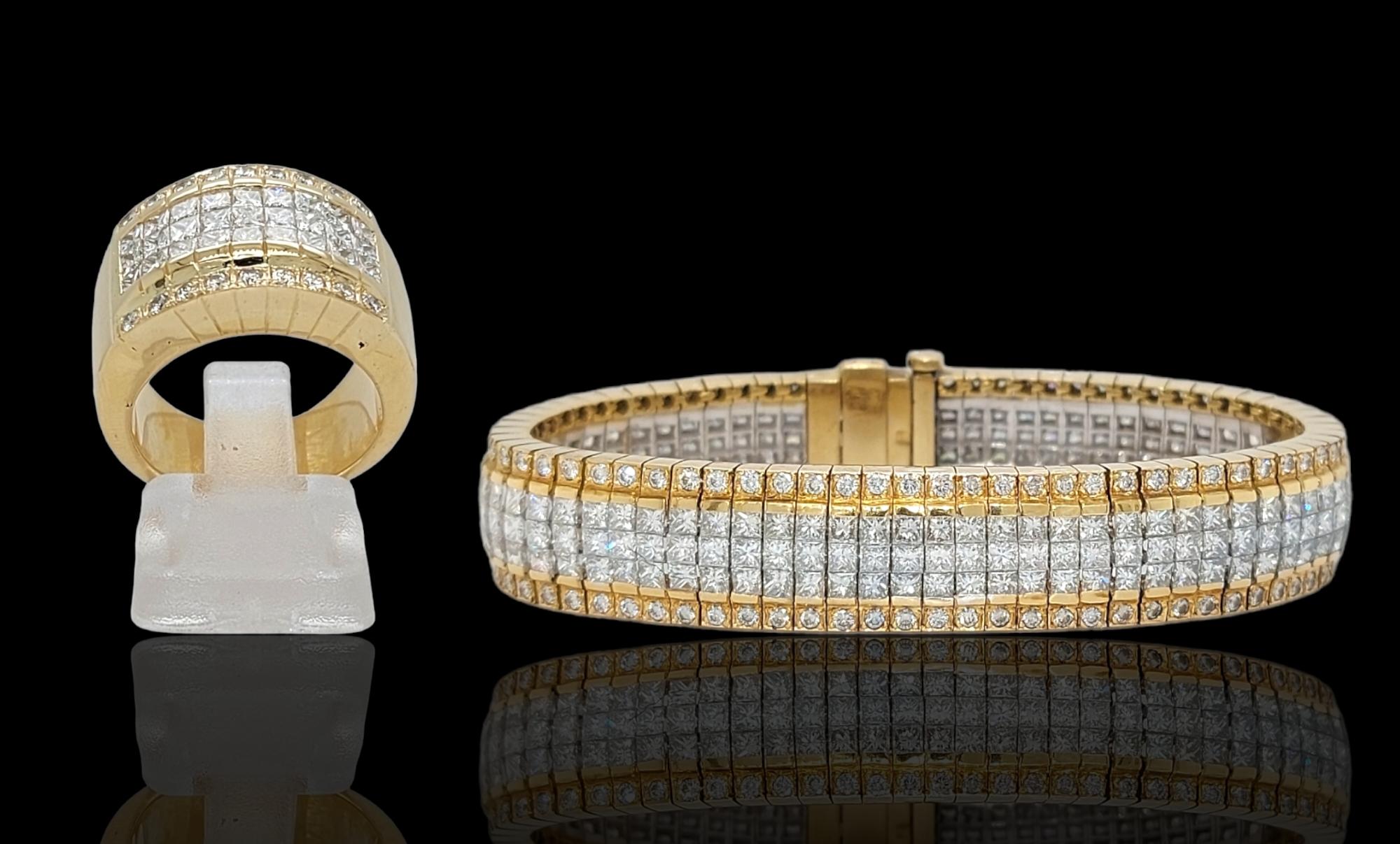 Bracelet invisible et bague assortie en diamants princesse de 18 carats, succession Sultan Oman en vente 1