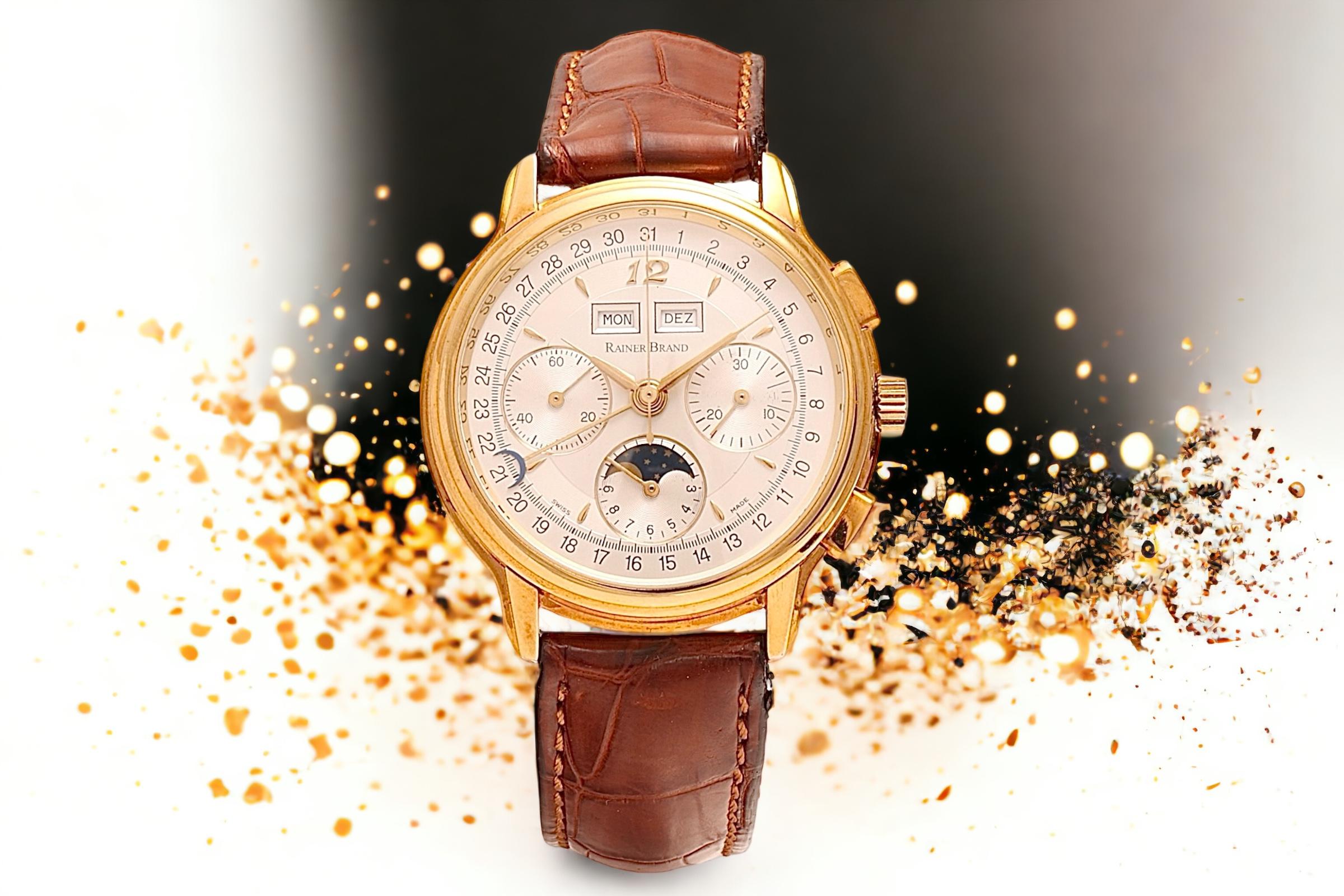Montre-bracelet de collection 18 carats Rainer Brand Triple Date Moonphase chronographe  en vente 9