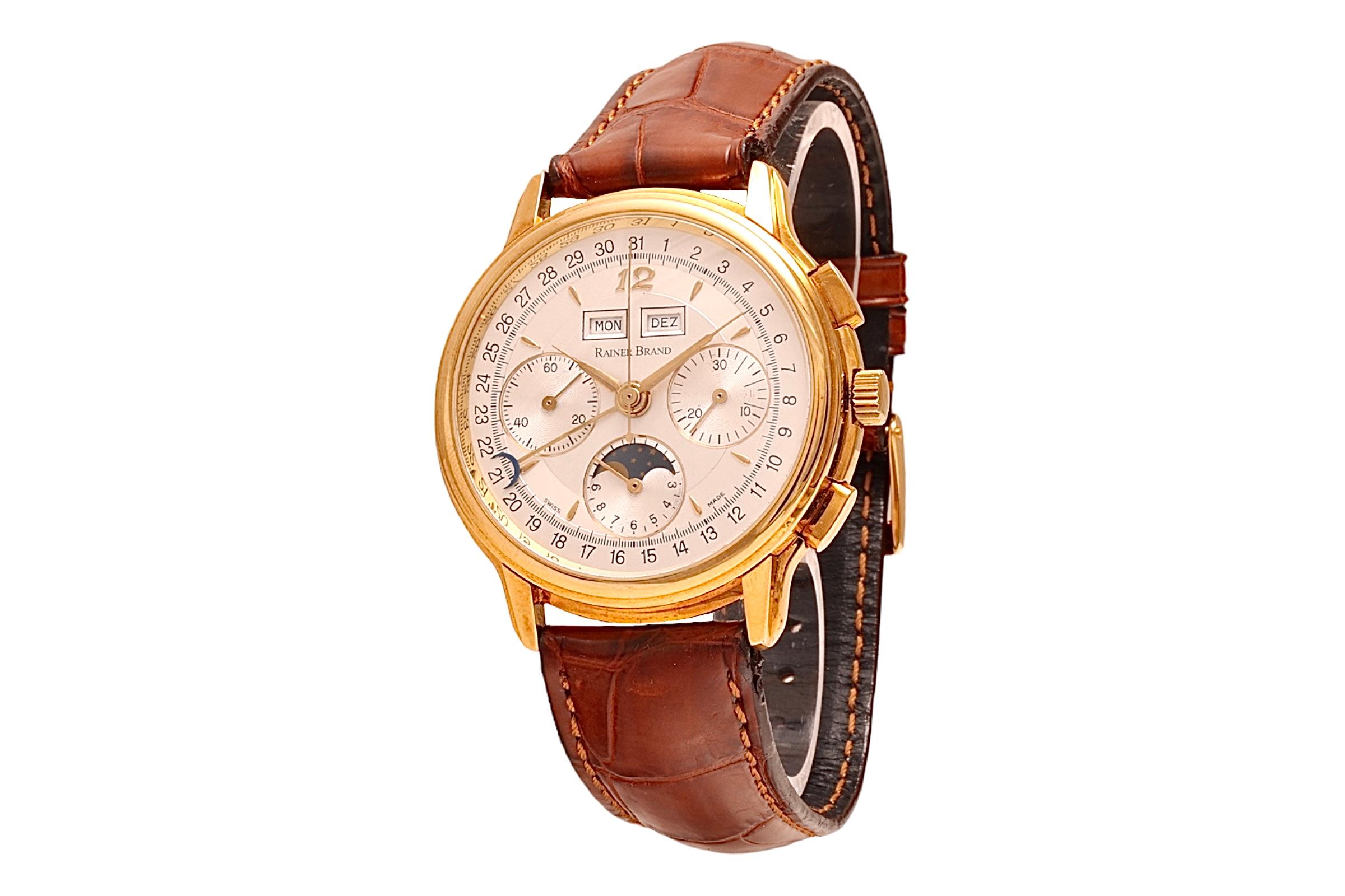 18 Kt Rainer Brand Triple Date Moonphase Chronograph Armbanduhr, Sammlerstücke  (Kunsthandwerker*in) im Angebot