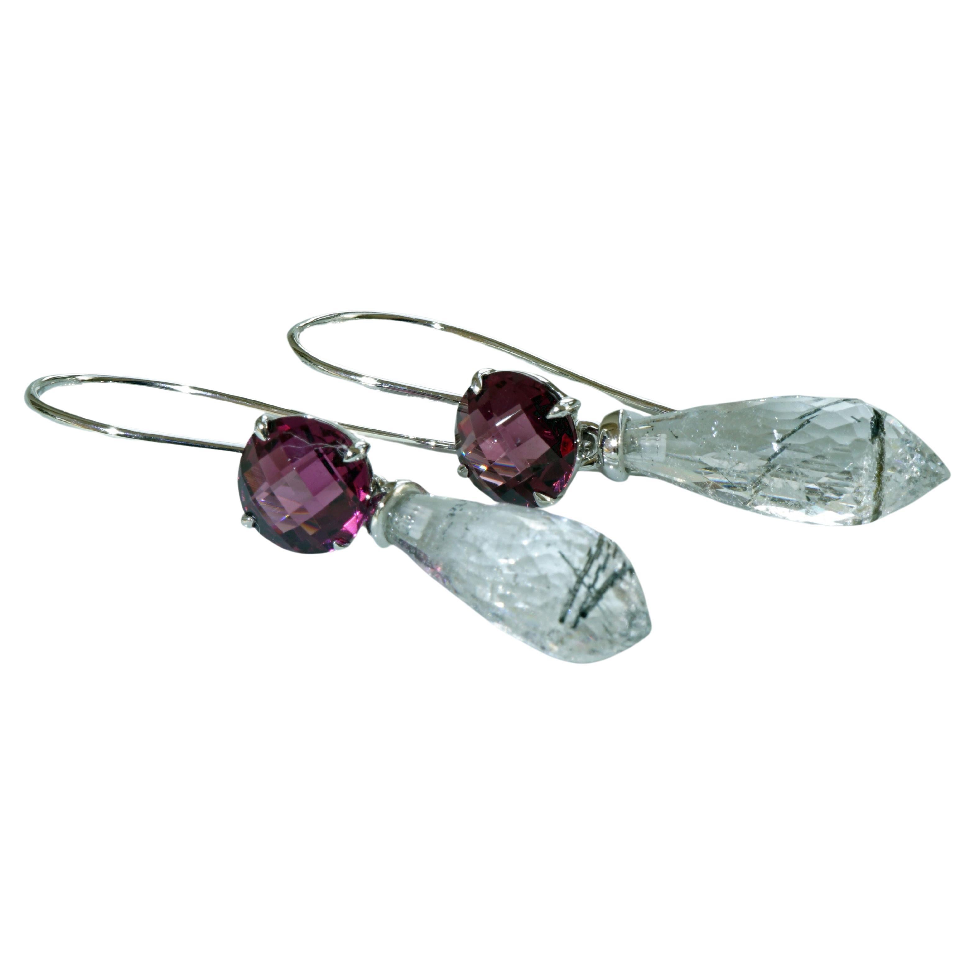 Earring with two hooks with detachable pendants, very easy to hang out, rhodolite approx. 4.96 ct, approx. 7,5 mm Diameter, in 750 white gold, pendants in a lot of colors available (please ask for here we offer rutil quartz approx 14.59 ct), lenght