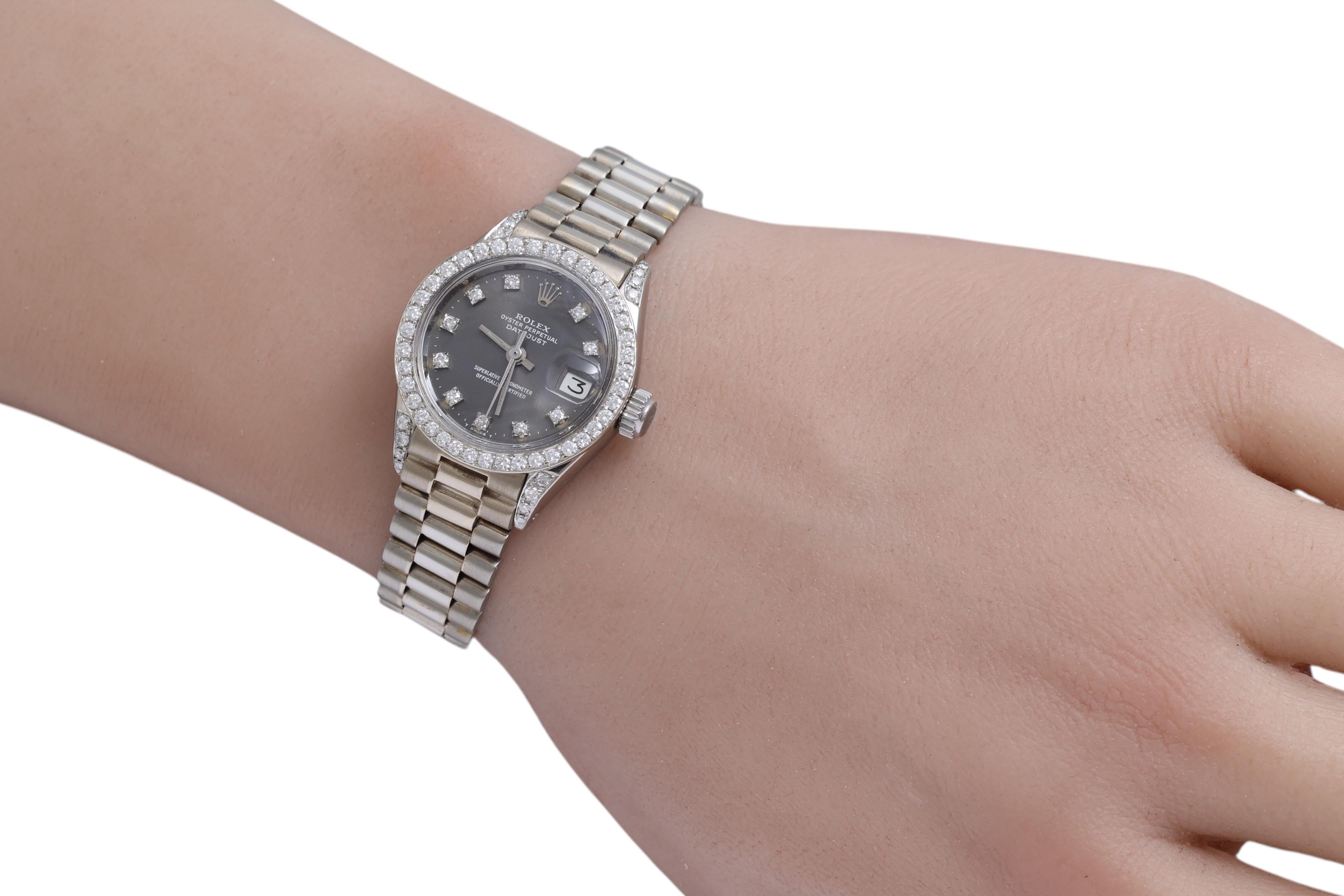 Rolex Lady President in oro bianco 18 Kt con quadrante e lunetta di diamanti in vendita 10