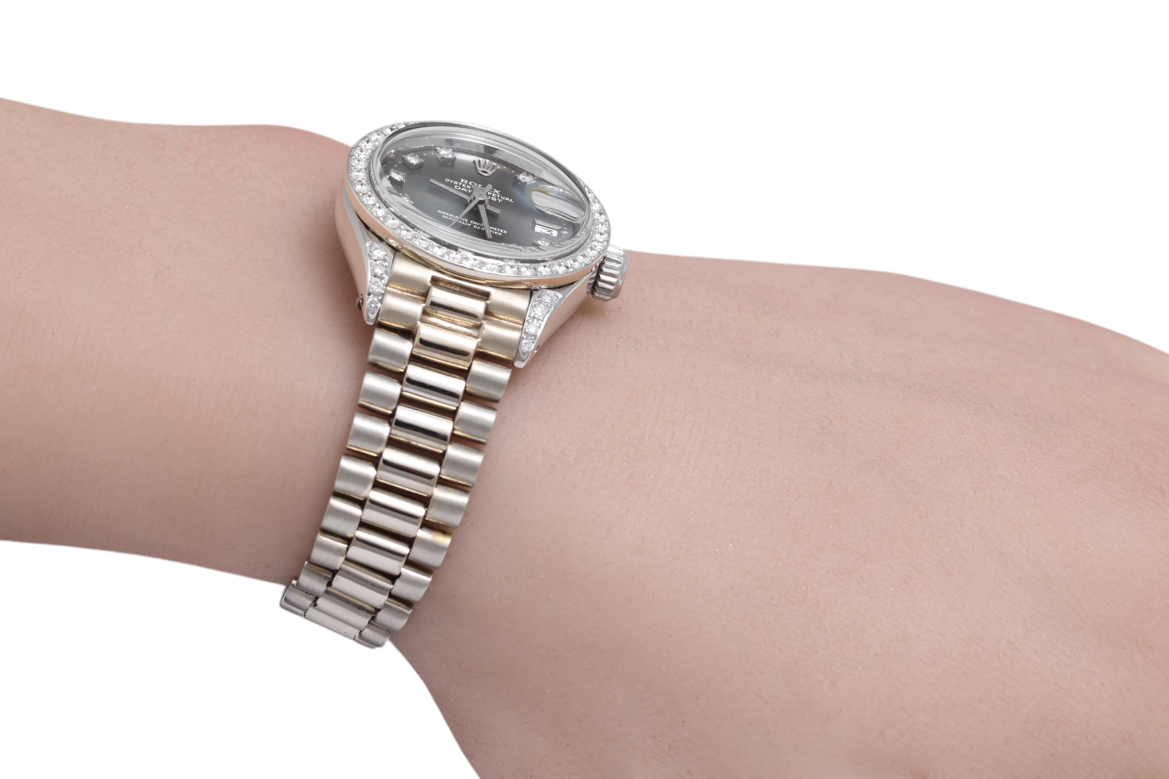 Rolex Lady President in oro bianco 18 Kt con quadrante e lunetta di diamanti in vendita 11