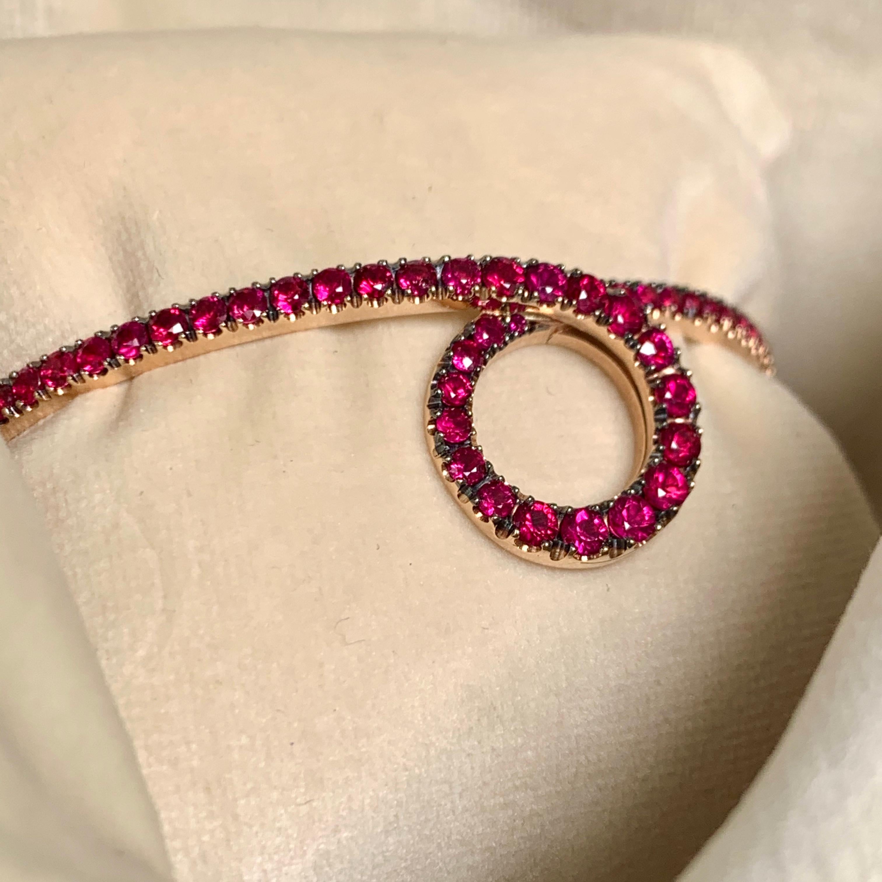 One off a kind Cuff Bracelet handmade in Belgium by jewelry artist Joke Quick, 
in solid 18K Rose gold 17.2 g and handmade the traditional way ( no casting or printing involved ). 

Pave set with high quality Pigeon's Blood Red rubies  2,14 ct.