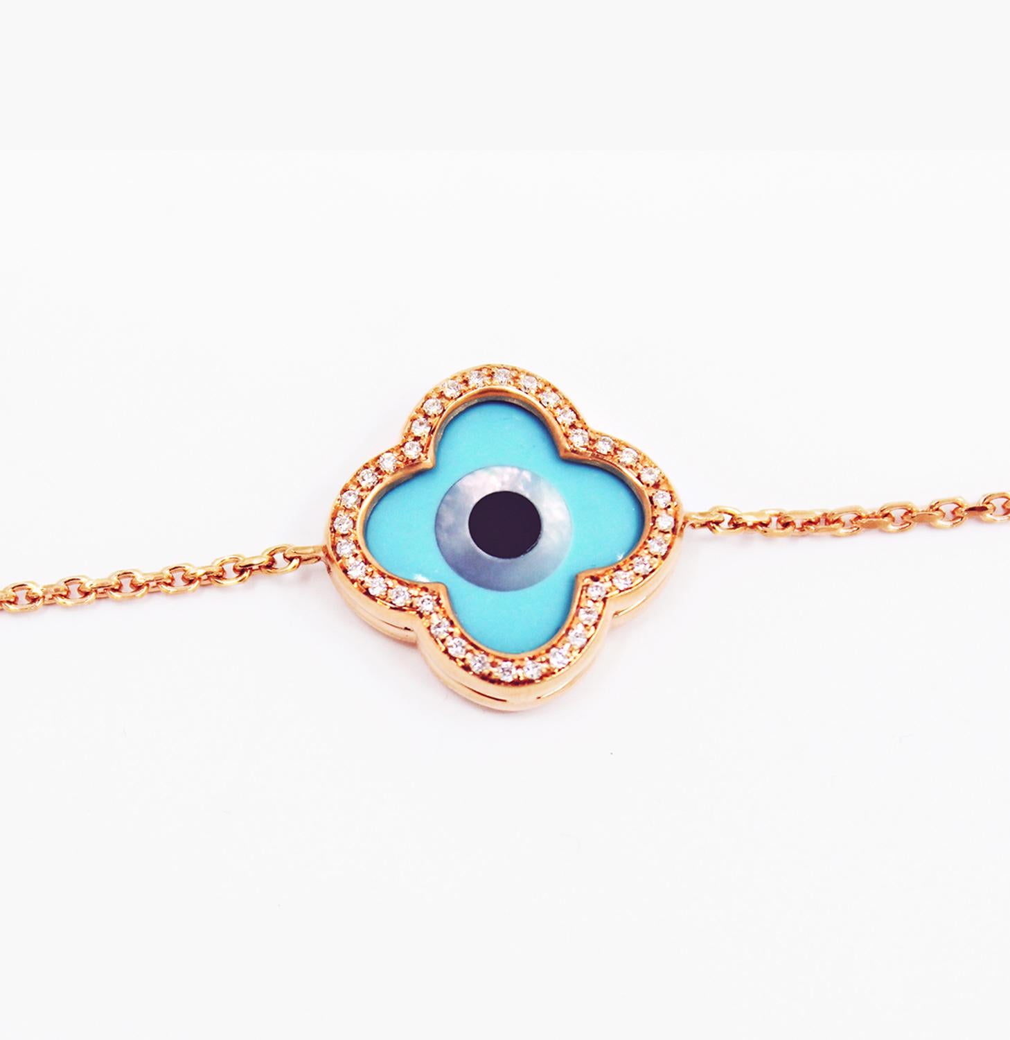 Modern 18 Karat Rose Gold Bracelet with Diamonds, Turquoise and Mother of Pearl Inlay For Sale