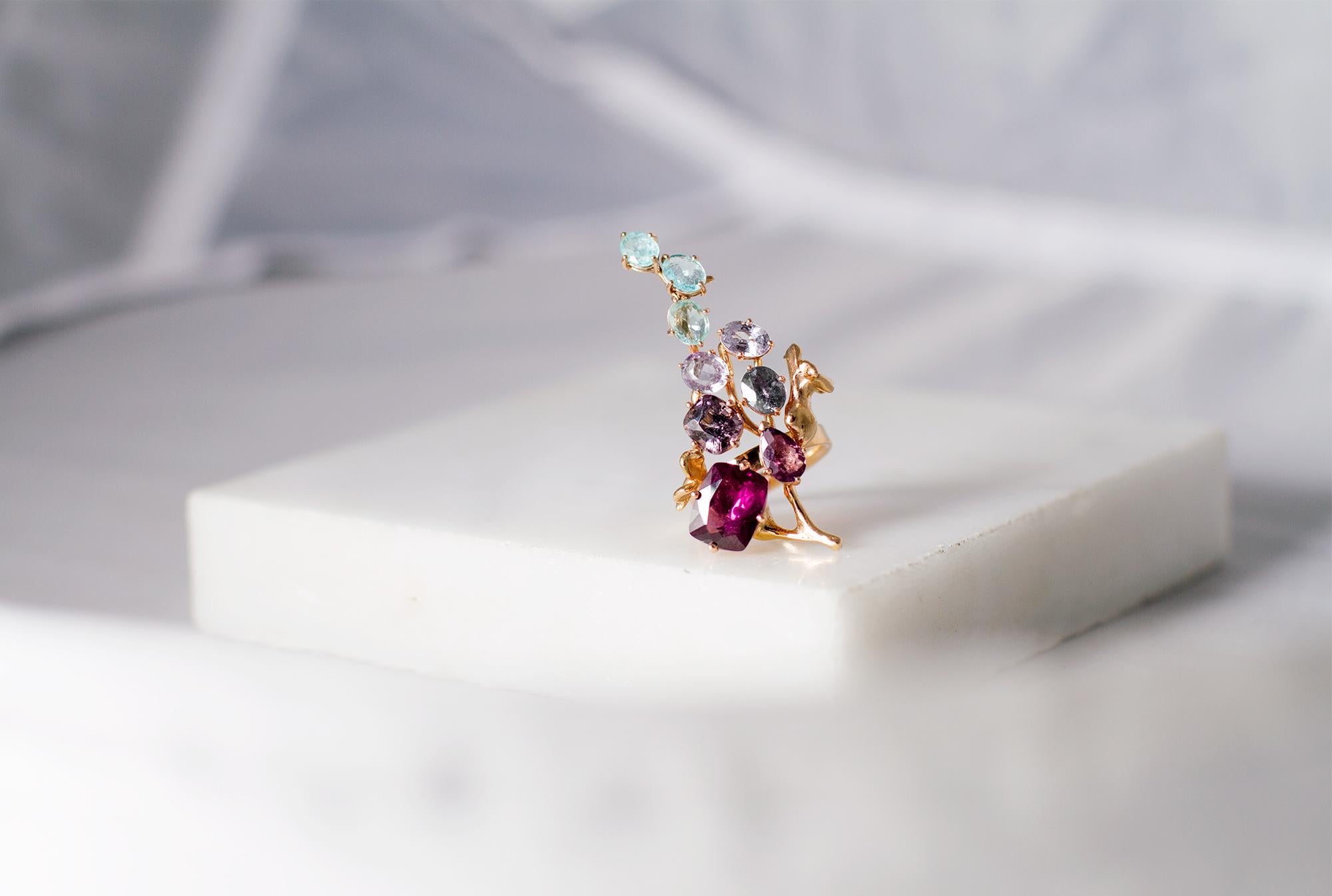 Contemporary 18 Karat Rose Gold Cluster Ring with 11 Carat Sapphires and Paraiba Tourmalines For Sale