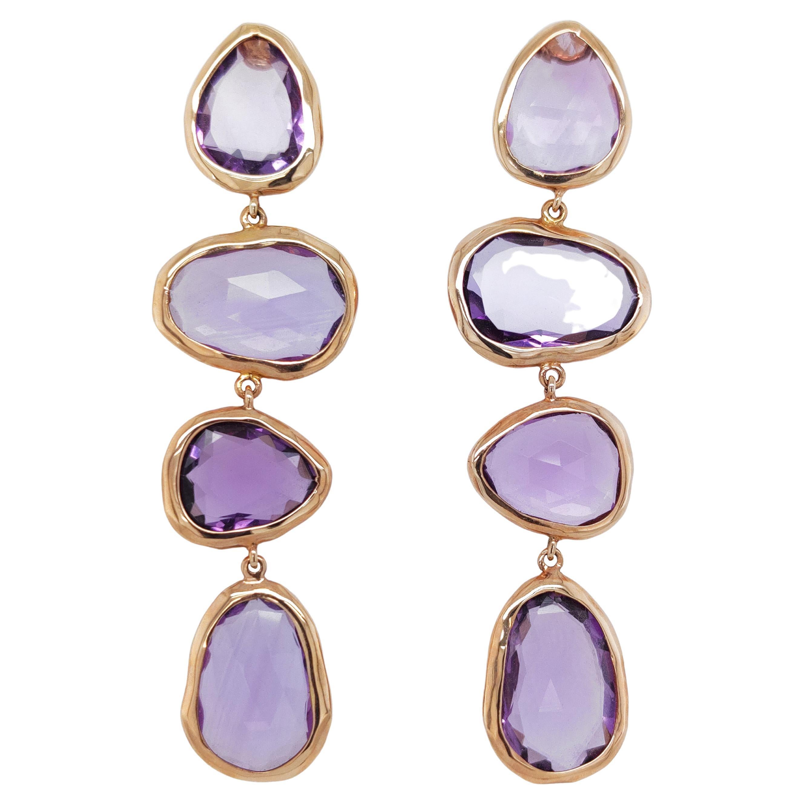18 kt rose gold dangling Dharma Earrings with 8 faceted amethysts  For Sale