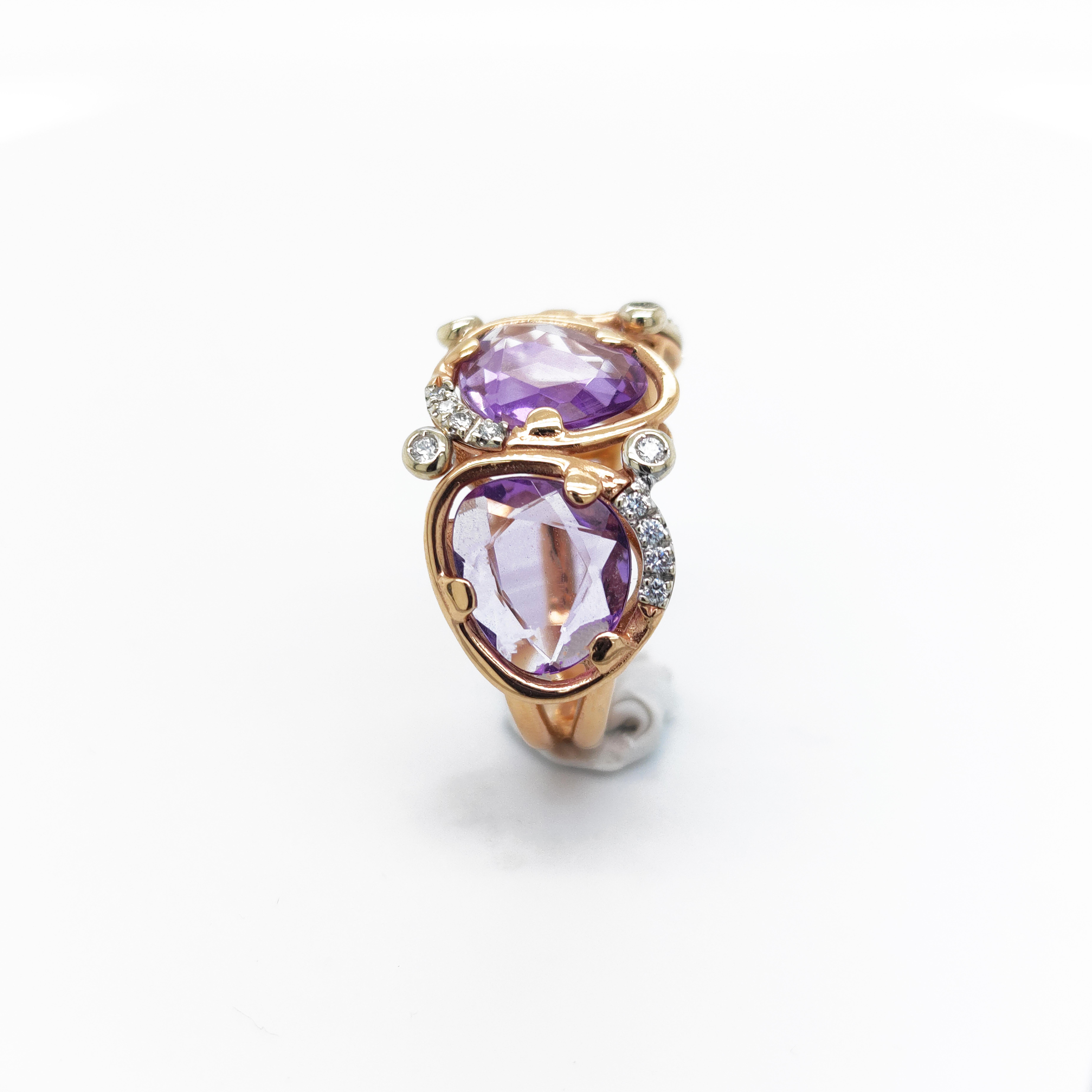 Mixed Cut 18 kt rose gold Dharma Ring with 3 faceted amethysts & diamonds For Sale