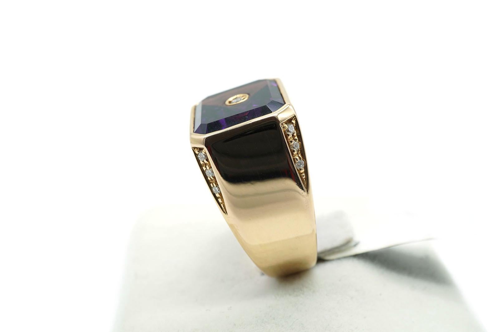 Octagon Cut 18 Kt Rose Gold, Diamonds and Amethyst Chevalier Ring For Sale