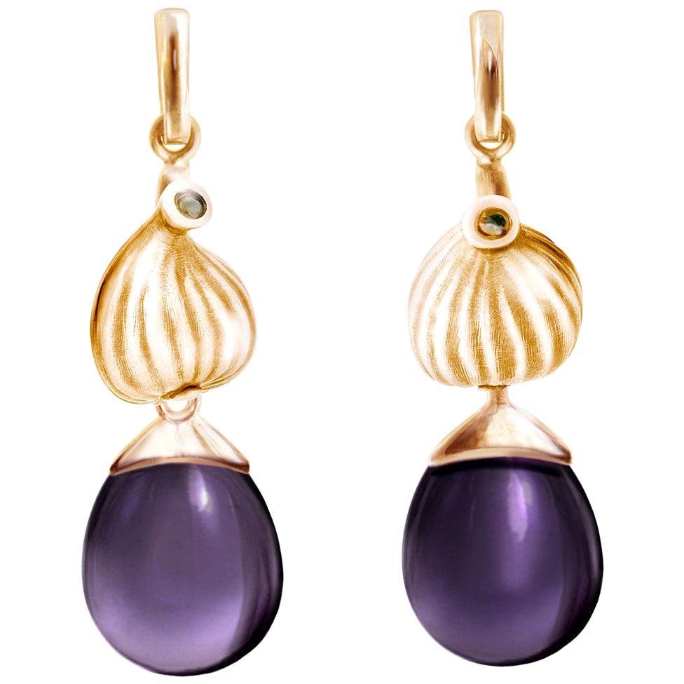 Eighteen Karat Rose Gold Fig Cocktail Earrings with Amethysts and Diamonds For Sale