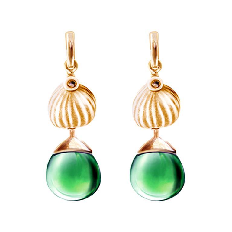 Eighteen Karat Rose Gold Fig Cocktail Earrings with Green Quartz by the Artist For Sale