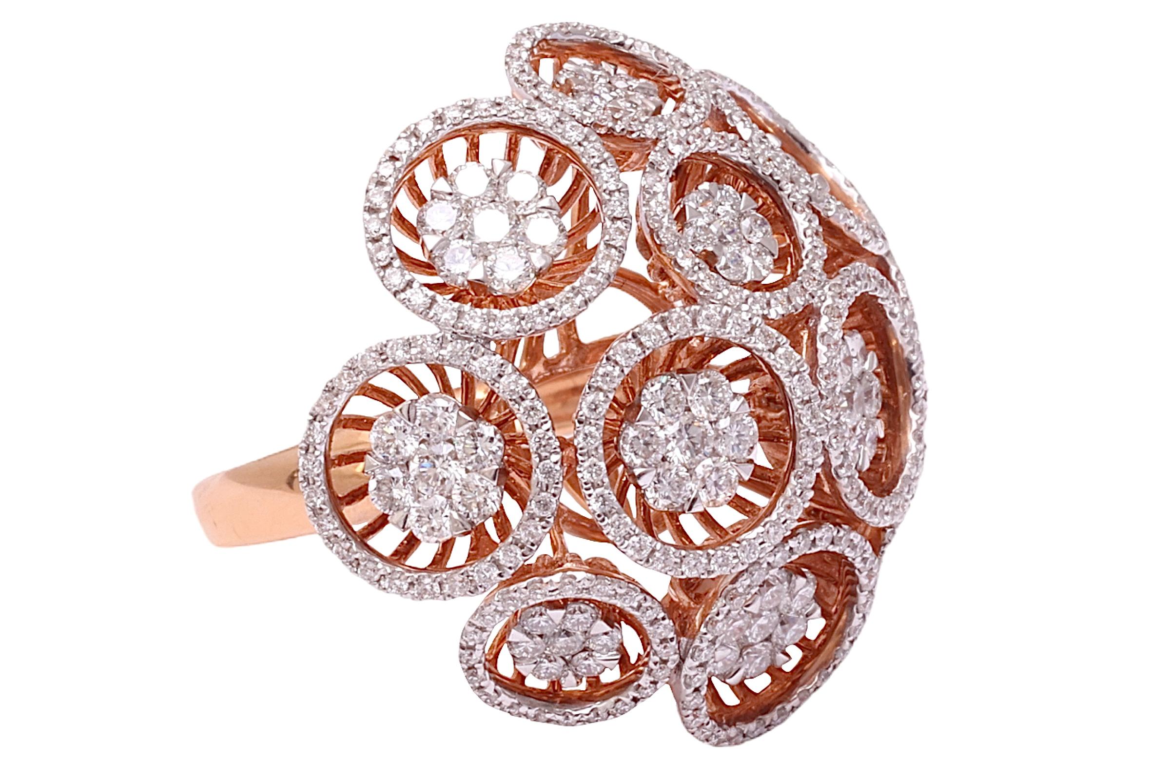 Brilliant Cut 18 kt. Rose Gold Flower Shape  Ring With 2.6 ct. Diamonds For Sale