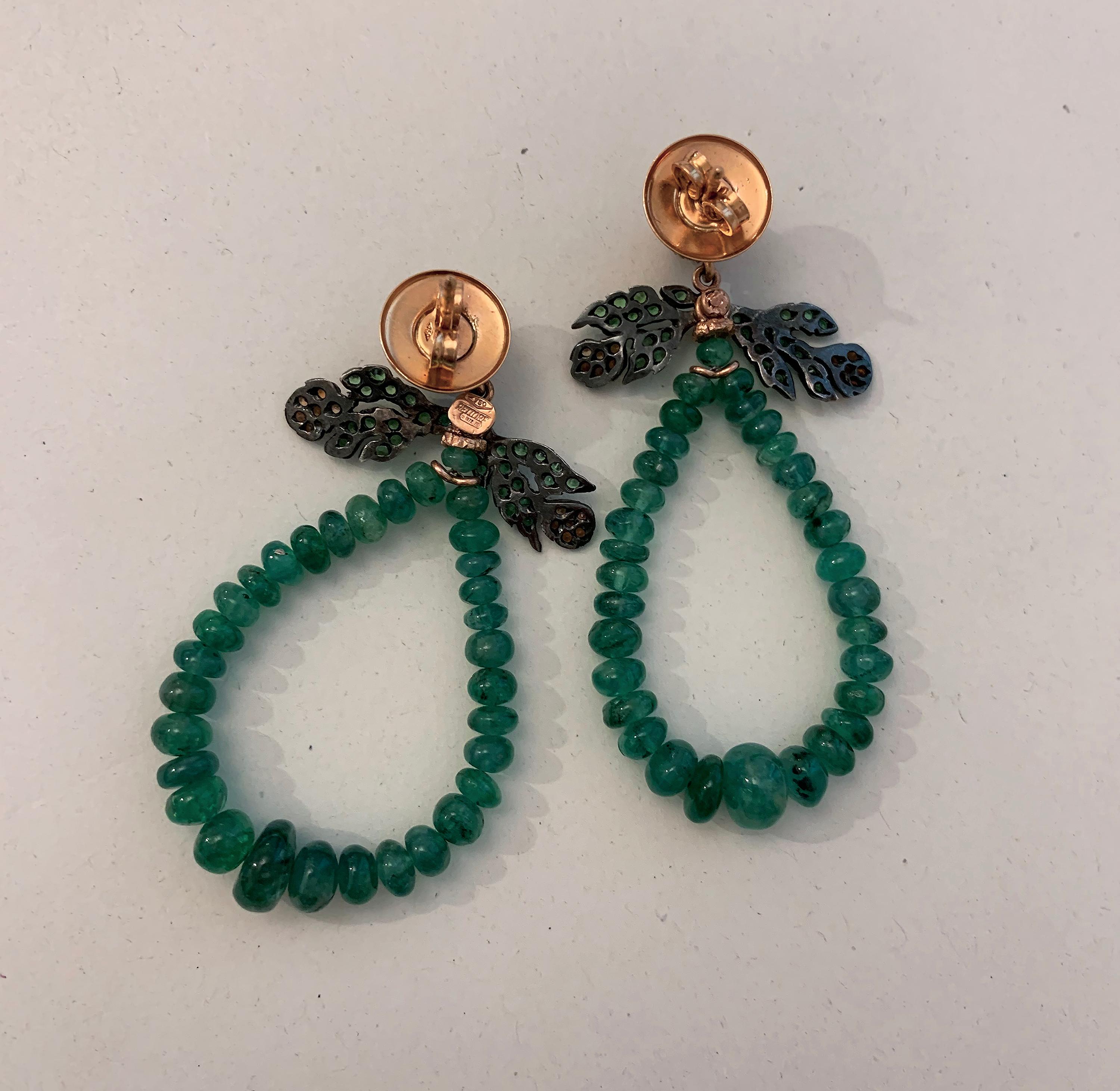 Artist 18 Kt Rose Gold Gr.5, 00, Emerald Beads Ct. 33, 38, Tsavorite and Garnet, Earrings For Sale
