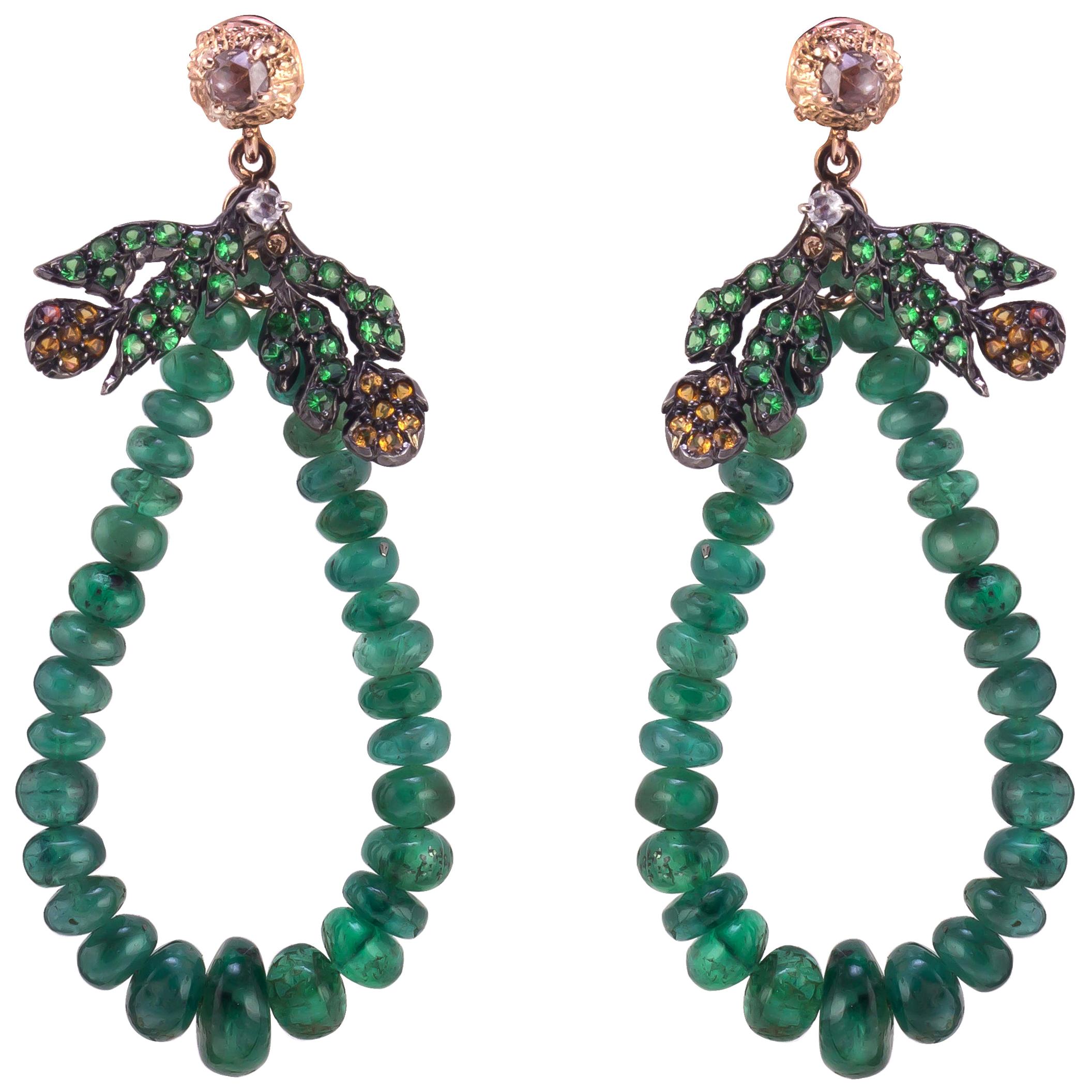 18 Kt Rose Gold Gr.5, 00, Emerald Beads Ct. 33, 38, Tsavorite and Garnet, Earrings For Sale