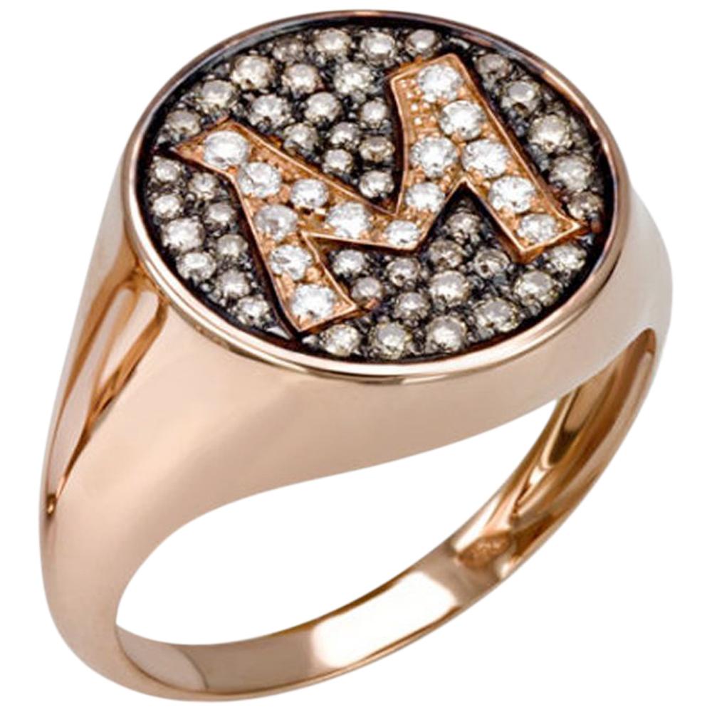18 Kt Rose Gold Initial ring with White and Champagne Diamonds, Color G VS1 For Sale