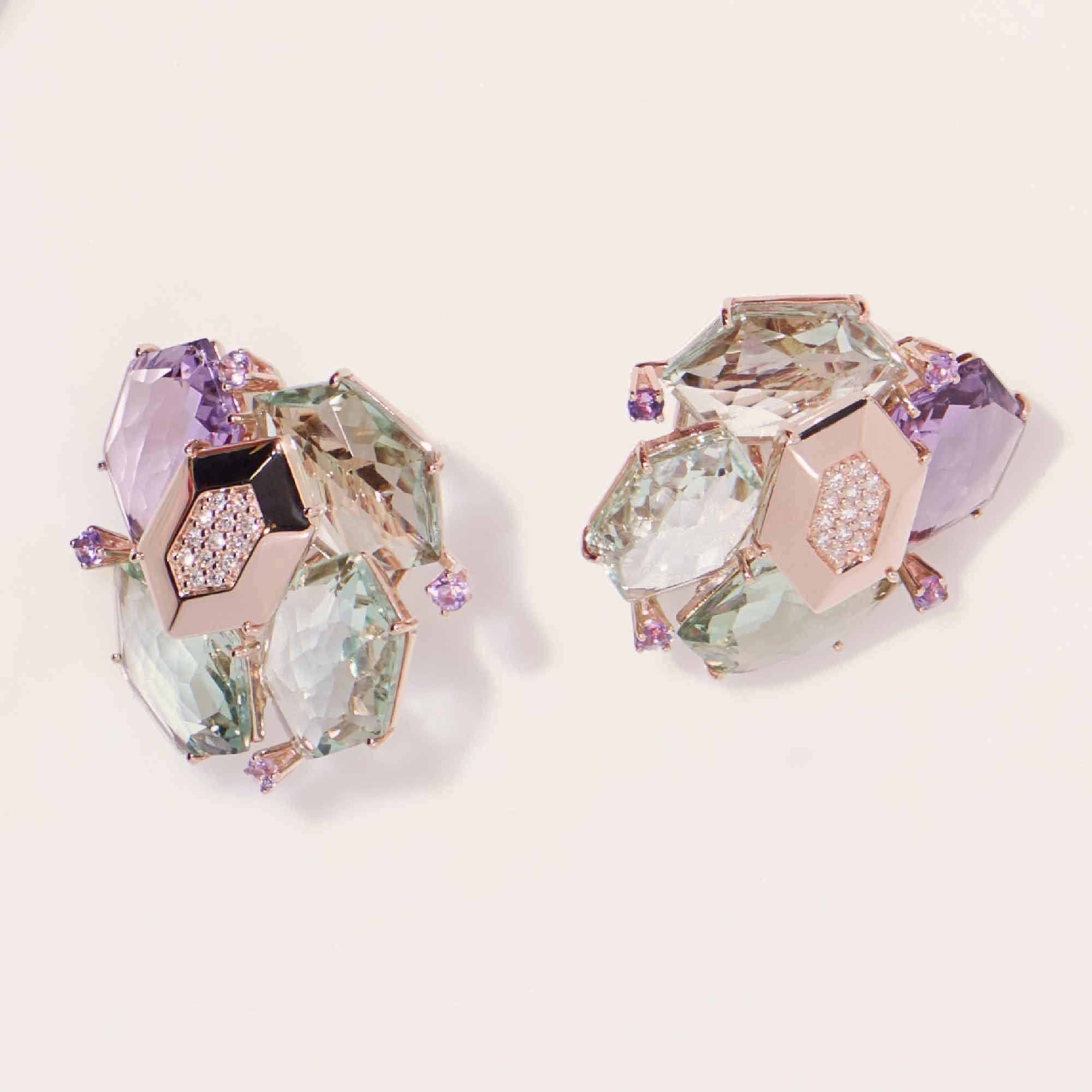 Round Cut 18 Kt Rose Gold Les Gemmes Amethyst Earrings with Amethyst and Diamonds For Sale