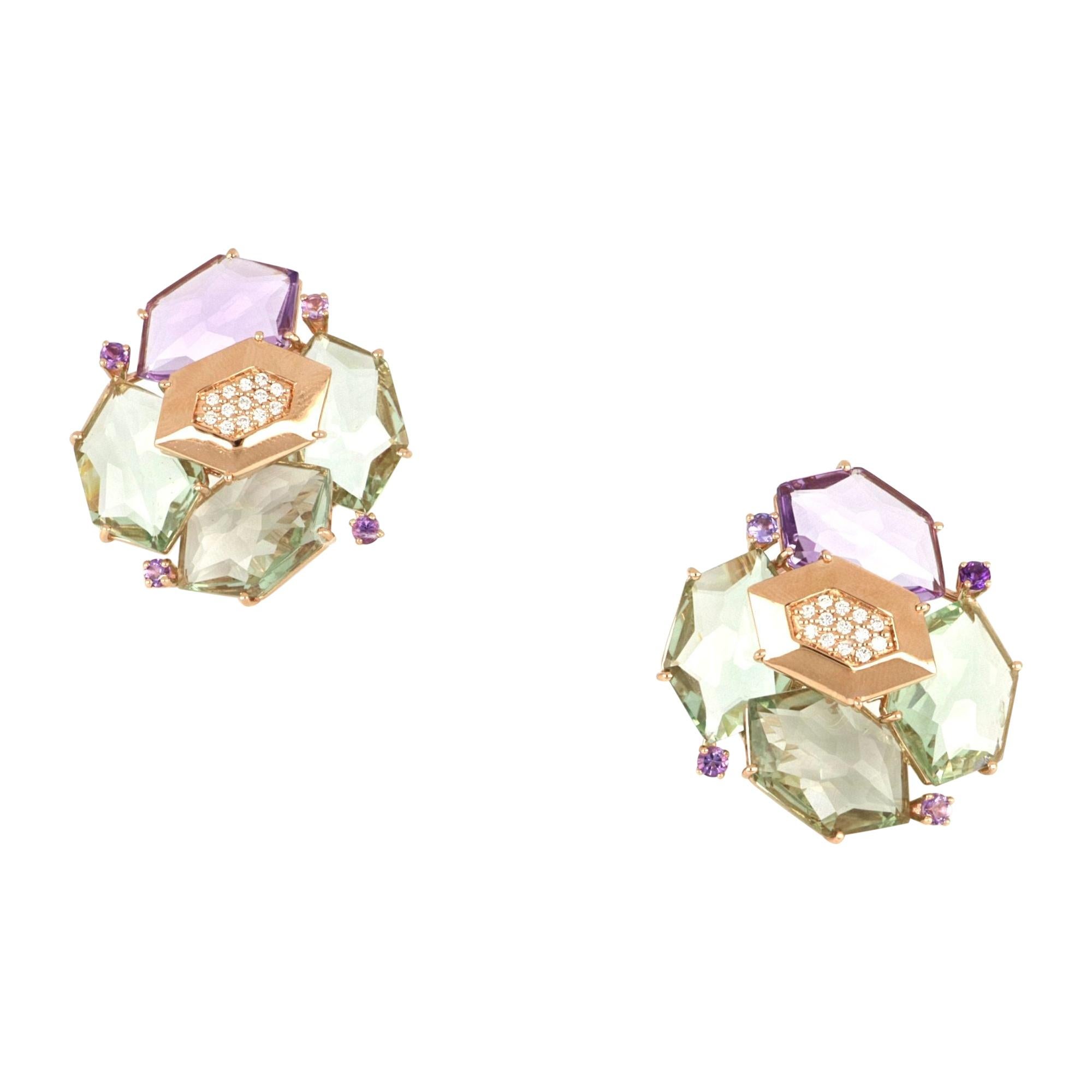 18 Kt Rose Gold Les Gemmes Amethyst Earrings with Amethyst and Diamonds For Sale