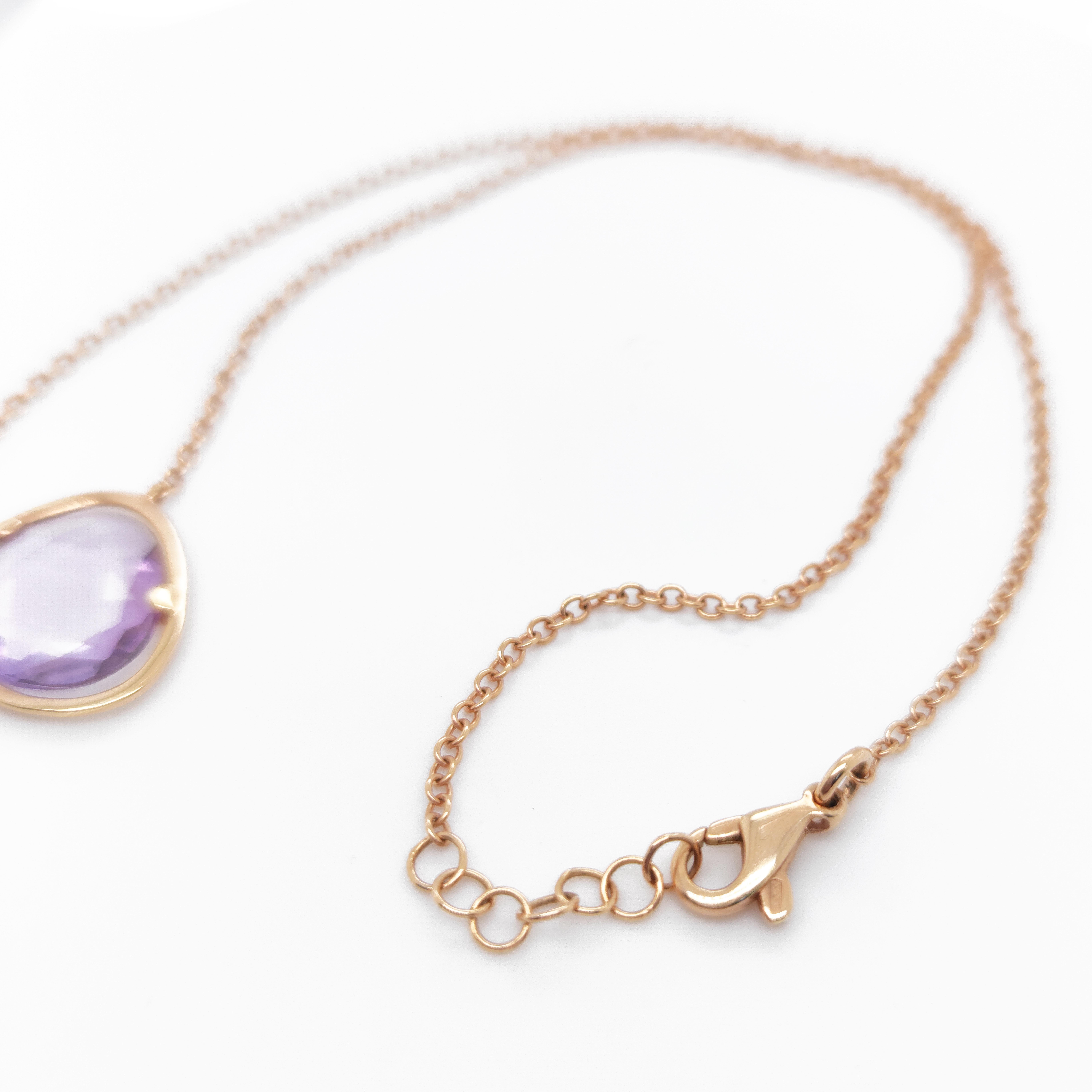 Contemporary 18 Kt rose gold Liberty necklace with amethyst & diamonds For Sale