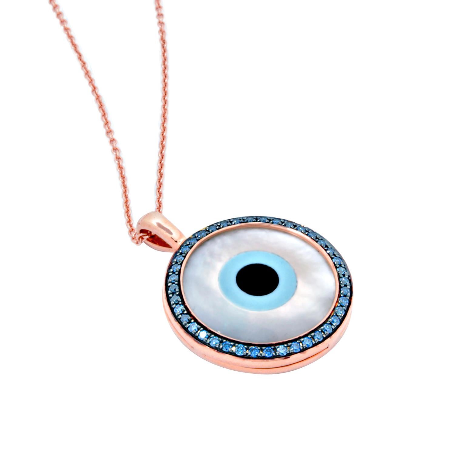Round Cut 18 Karat Rose Gold Pendant with Diamonds, Turquoise and Mother of Pearl Inlay For Sale