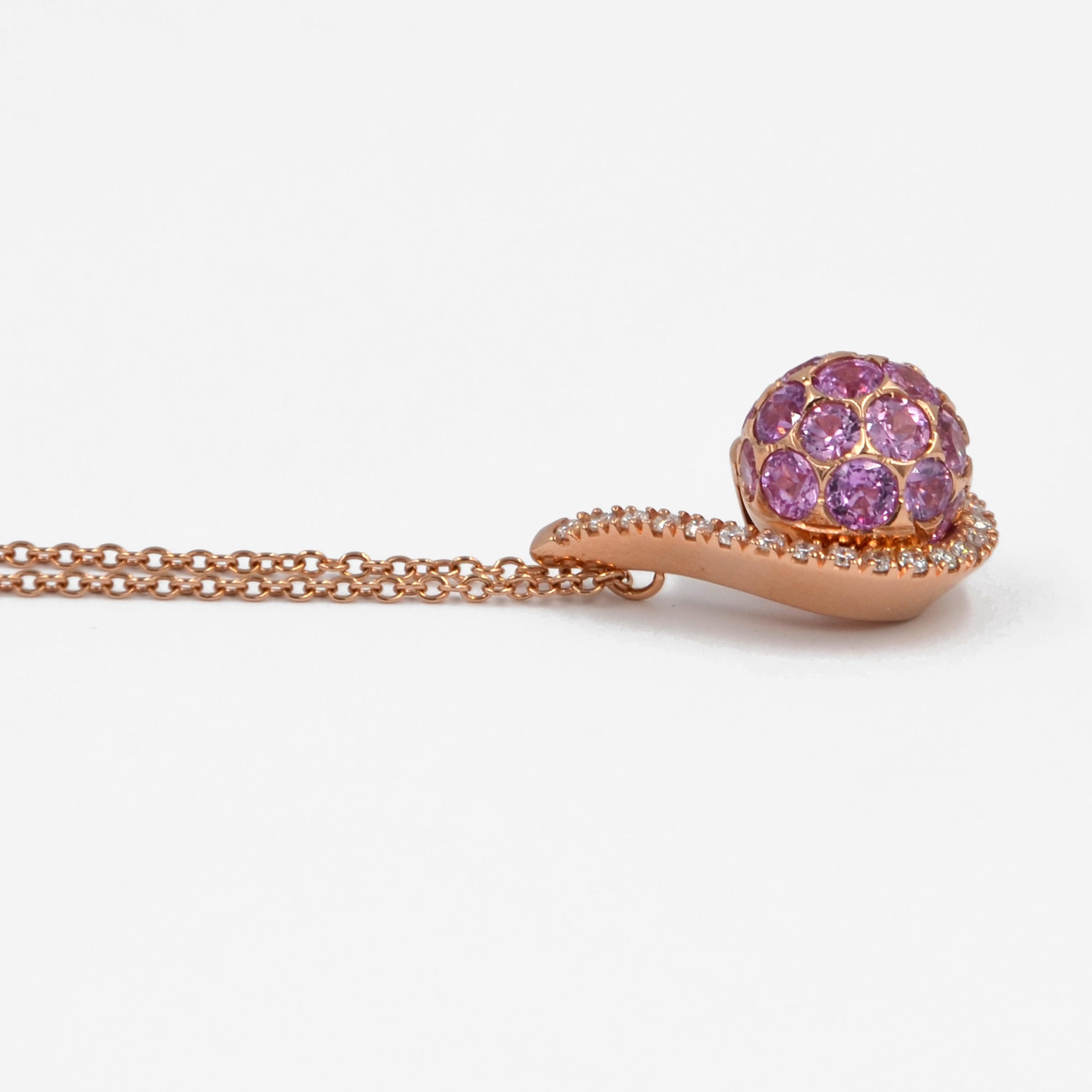 Contemporary 18 Karat Gold Pink Sapphires White Diamonds Garavelli Ball Pendant with Chain
