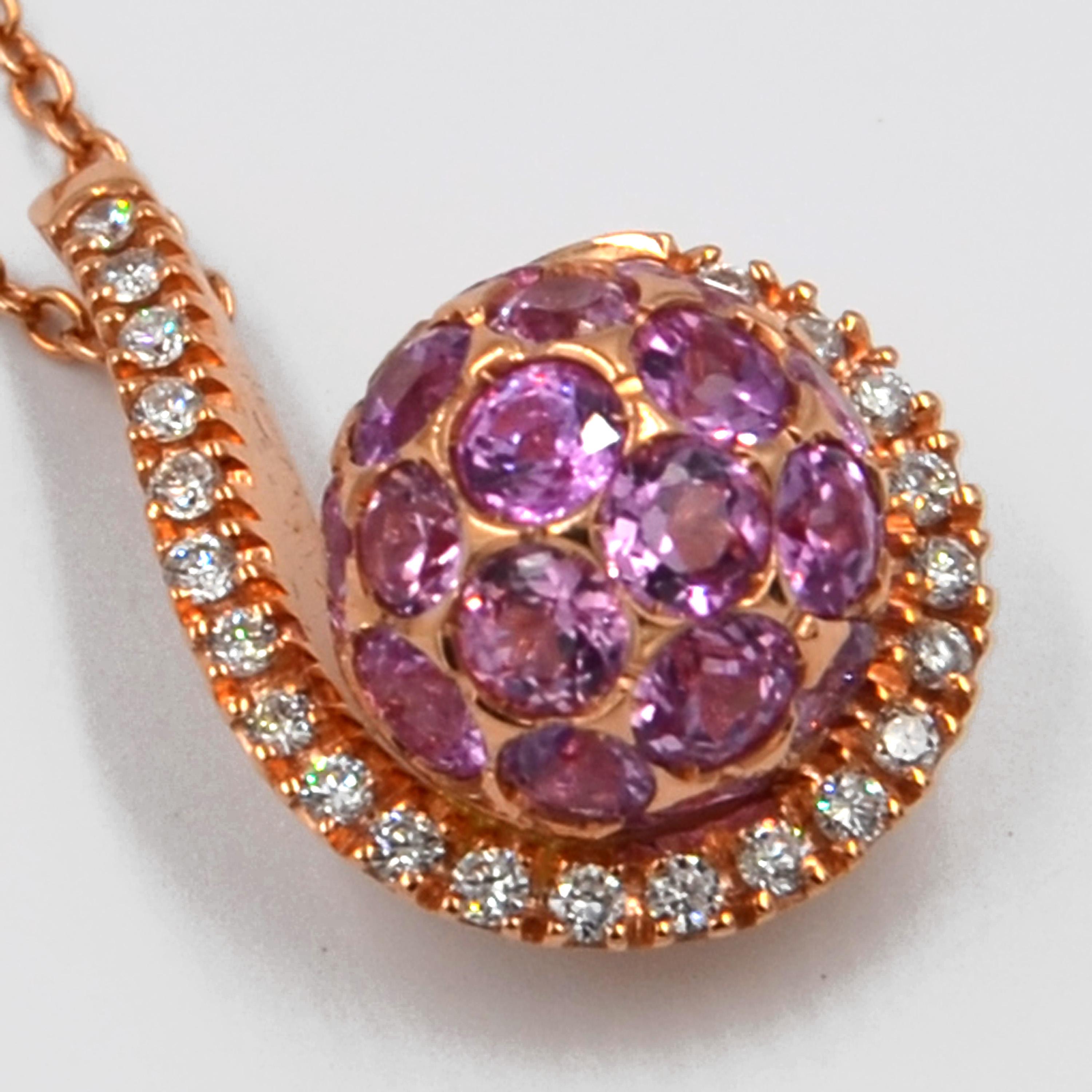 18 Karat Gold Pink Sapphires White Diamonds Garavelli Ball Pendant with Chain In New Condition In Valenza, IT