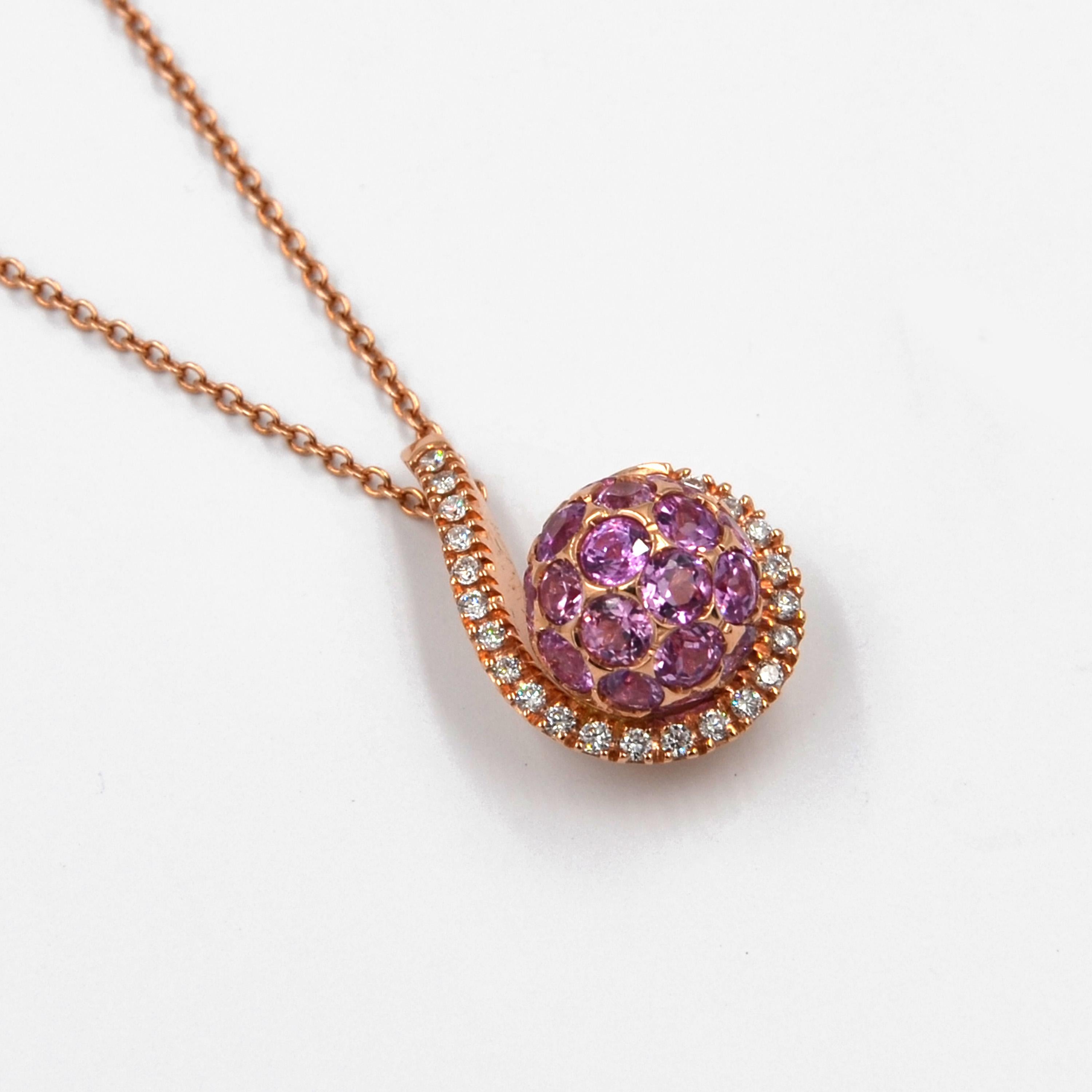 Women's or Men's 18 Karat Gold Pink Sapphires White Diamonds Garavelli Ball Pendant with Chain