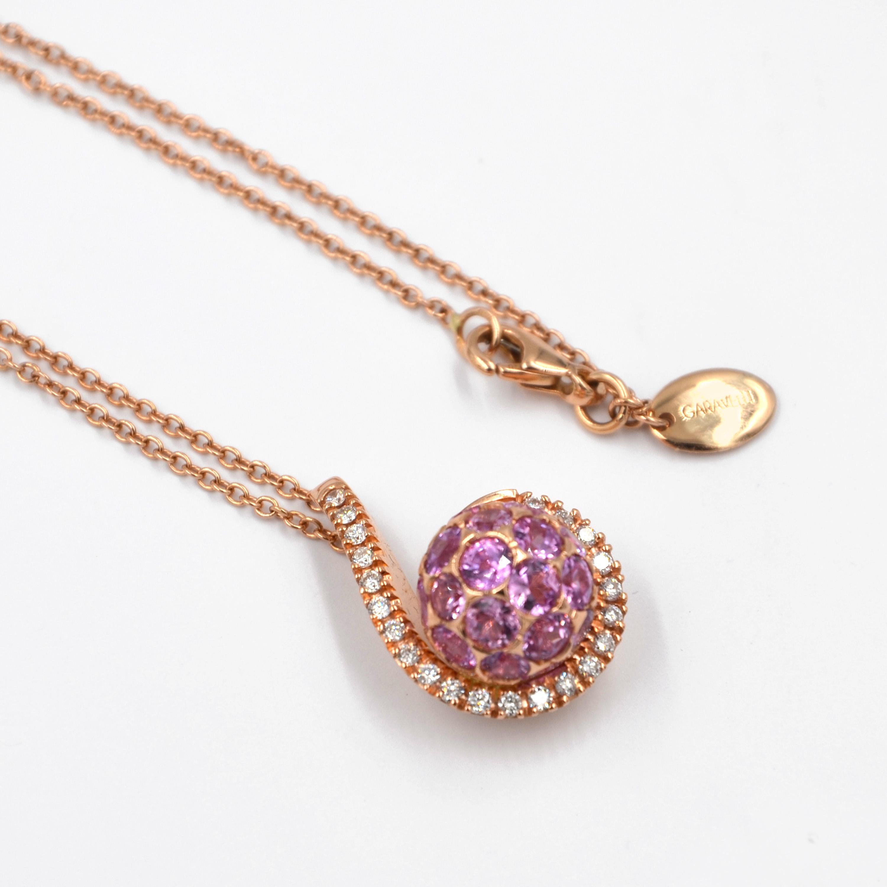 18 Karat Gold Pink Sapphires White Diamonds Garavelli Ball Pendant with Chain 2