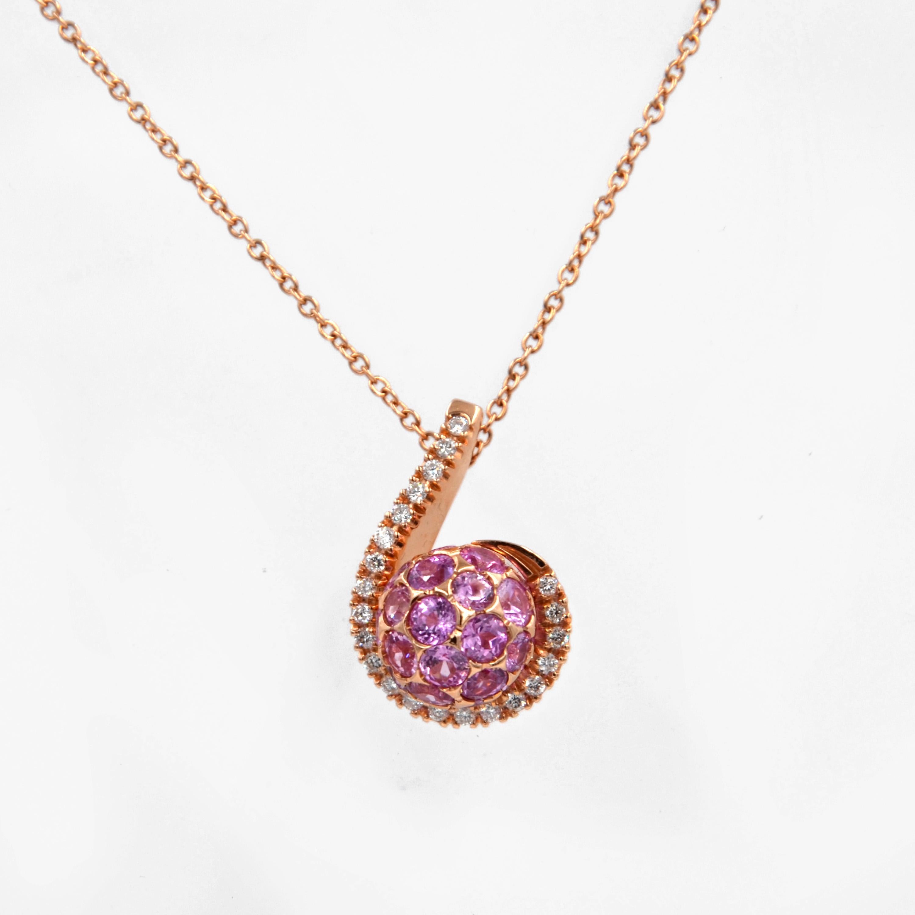 18 Karat Gold Pink Sapphires White Diamonds Garavelli Ball Pendant with Chain 3