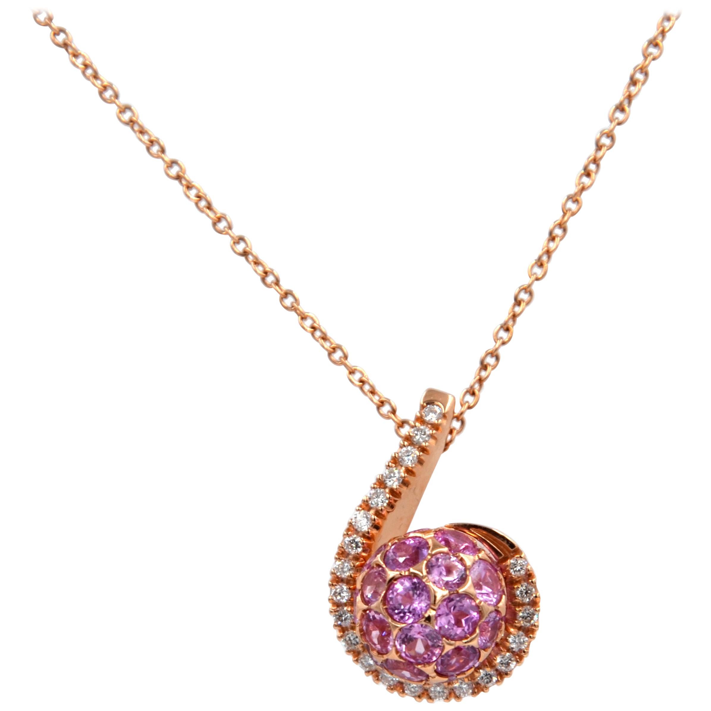 18 Karat Gold Pink Sapphires White Diamonds Garavelli Ball Pendant with Chain