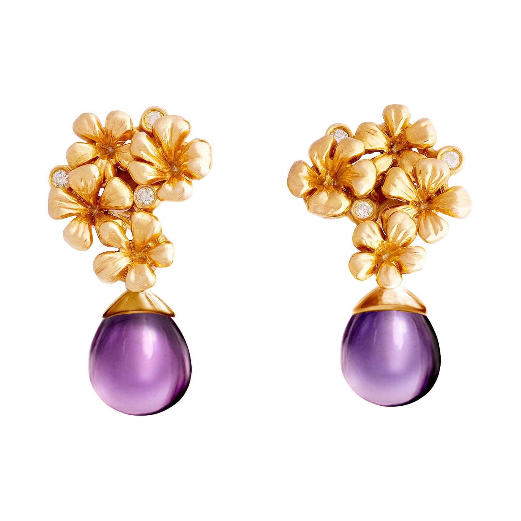 18 Kt Rose Gold Plum Flowers Contemporary Clip-On Earrings with 6 Round Diamonds