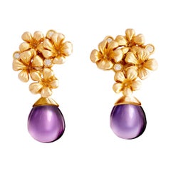 18 Kt Rose Gold Plum Flowers Contemporary Drop Earrings with 6 Round Diamonds