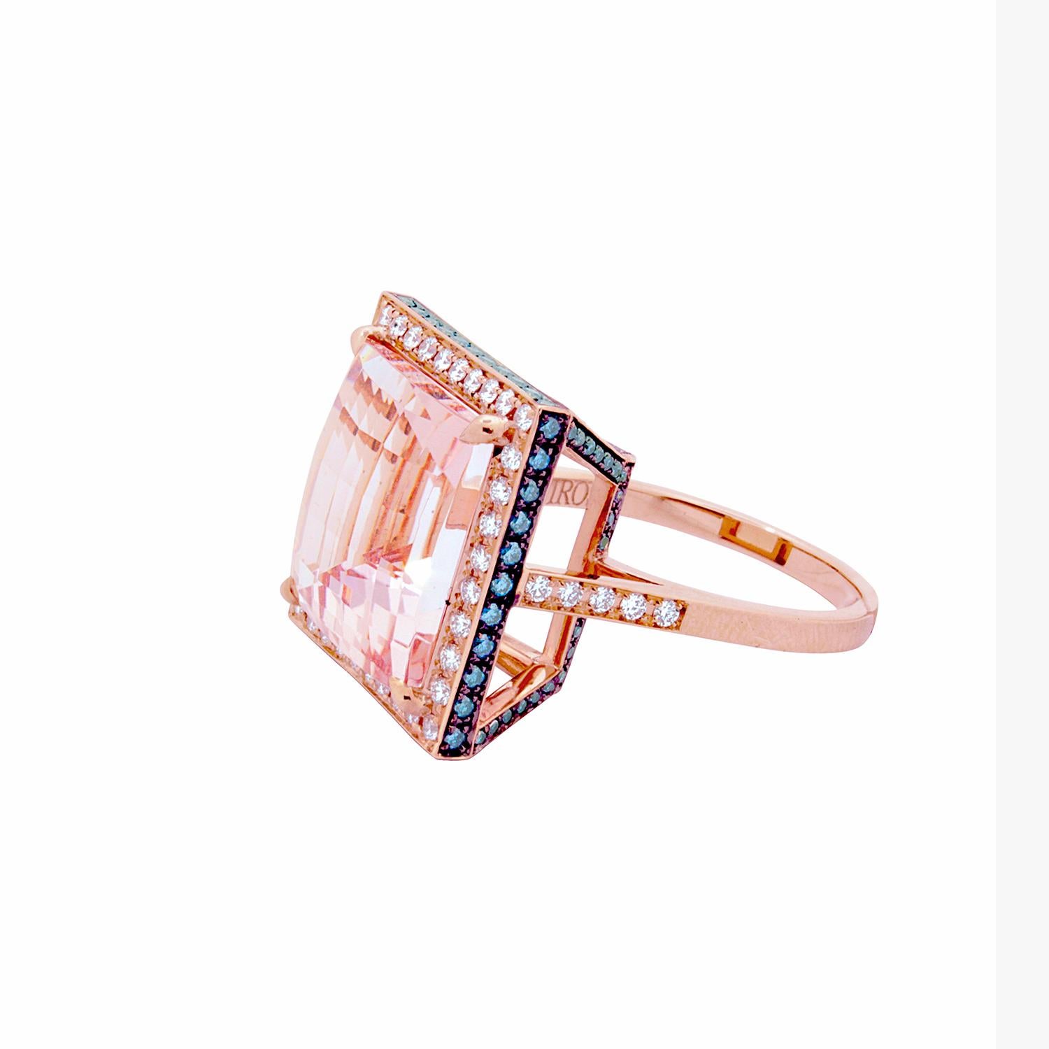 Dare we say pink? Sophisticated Blush Pink Cocktail Ring. One PONIROS ring, handcrafted in 18 carat rose gold set with White & Blue Diamonds and Morganite. 
Description of Gemstones –
White Round Brilliant Cut Diamonds, total carat weight – 0.41ct