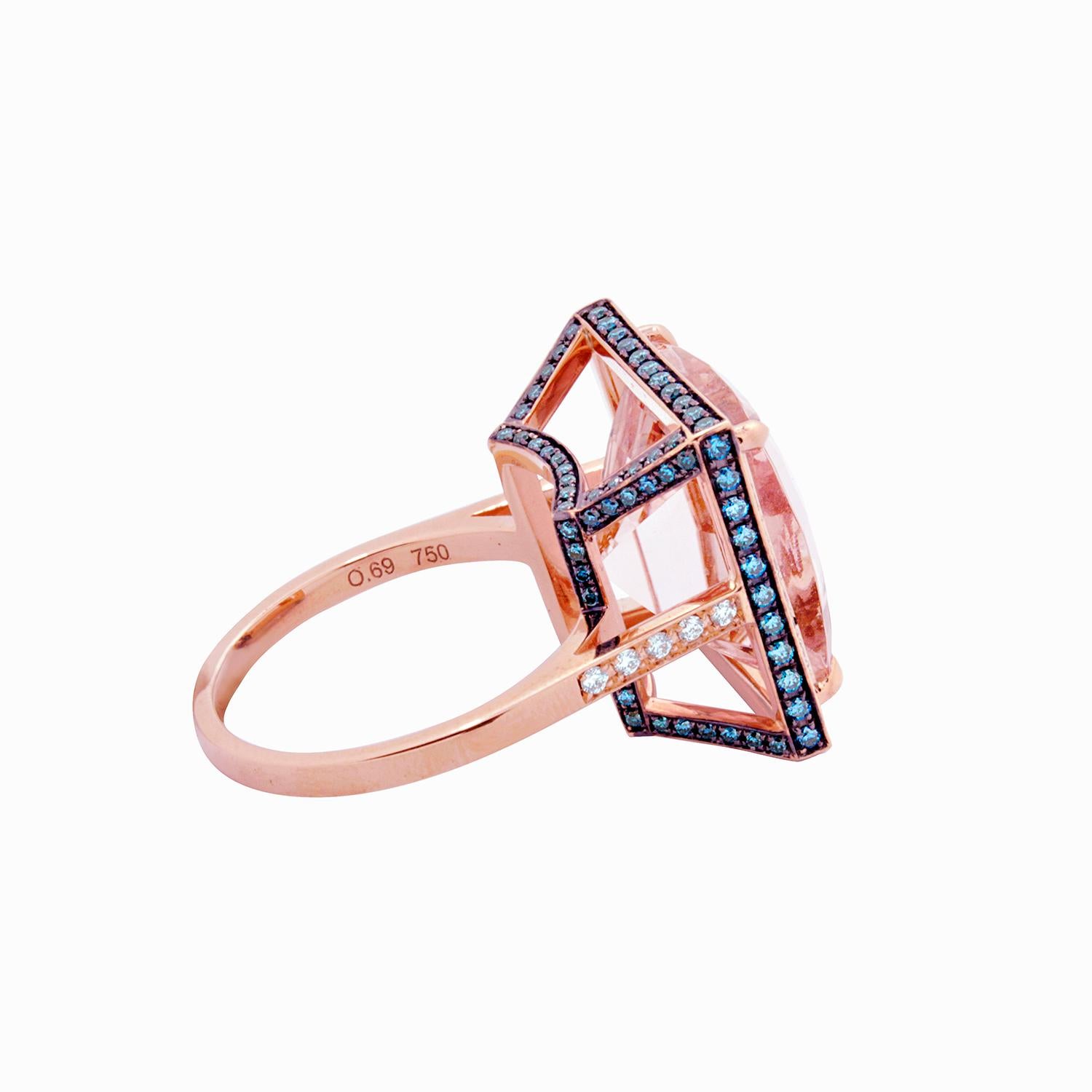 Princess Cut 18 Karat Rose Gold Ring with Brilliant Cut White and Blue Diamonds and Morganite For Sale