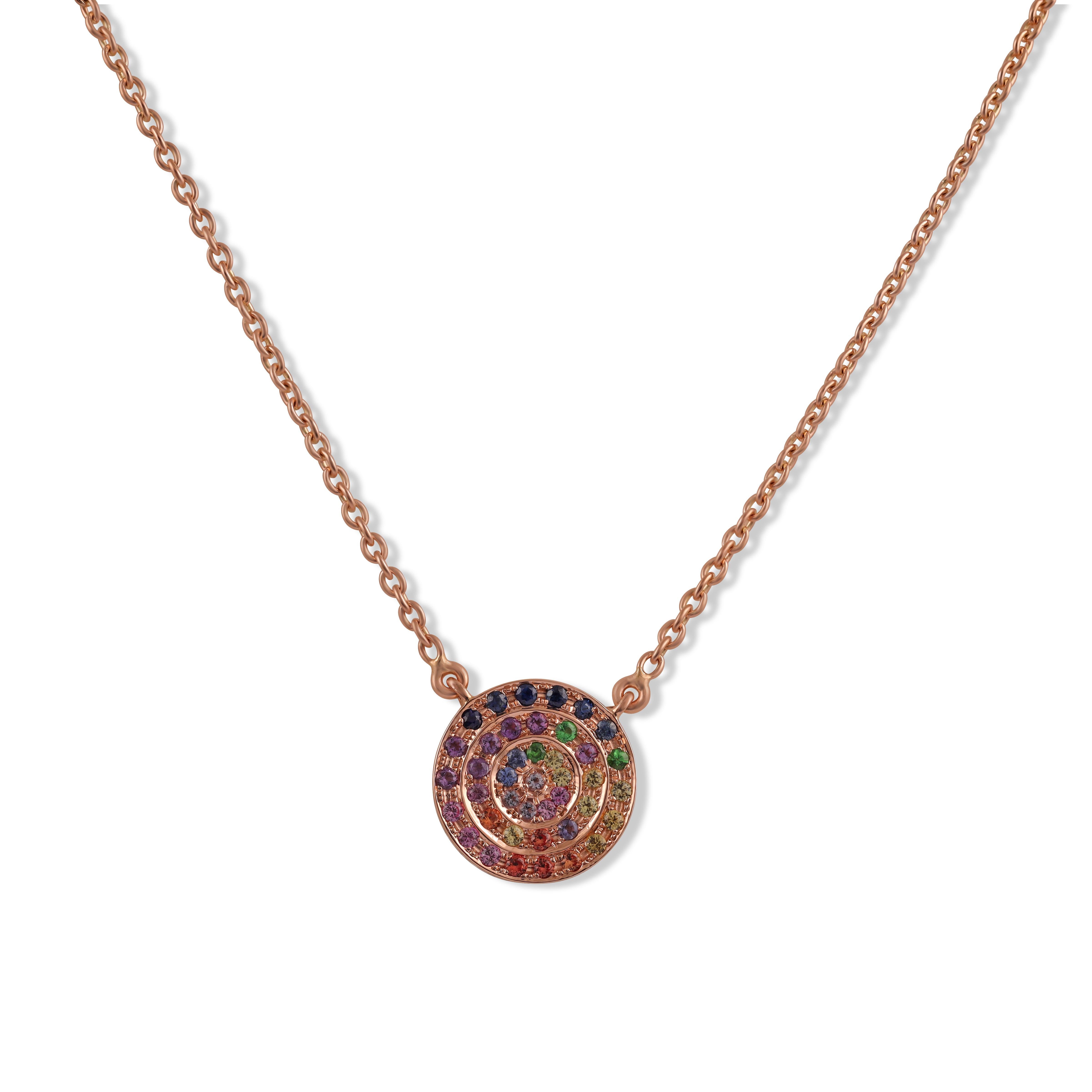 Round Cut 18kt Rose Gold Round Multi-coloured Sapphires, Tsavorite and Amethyst Pendant For Sale