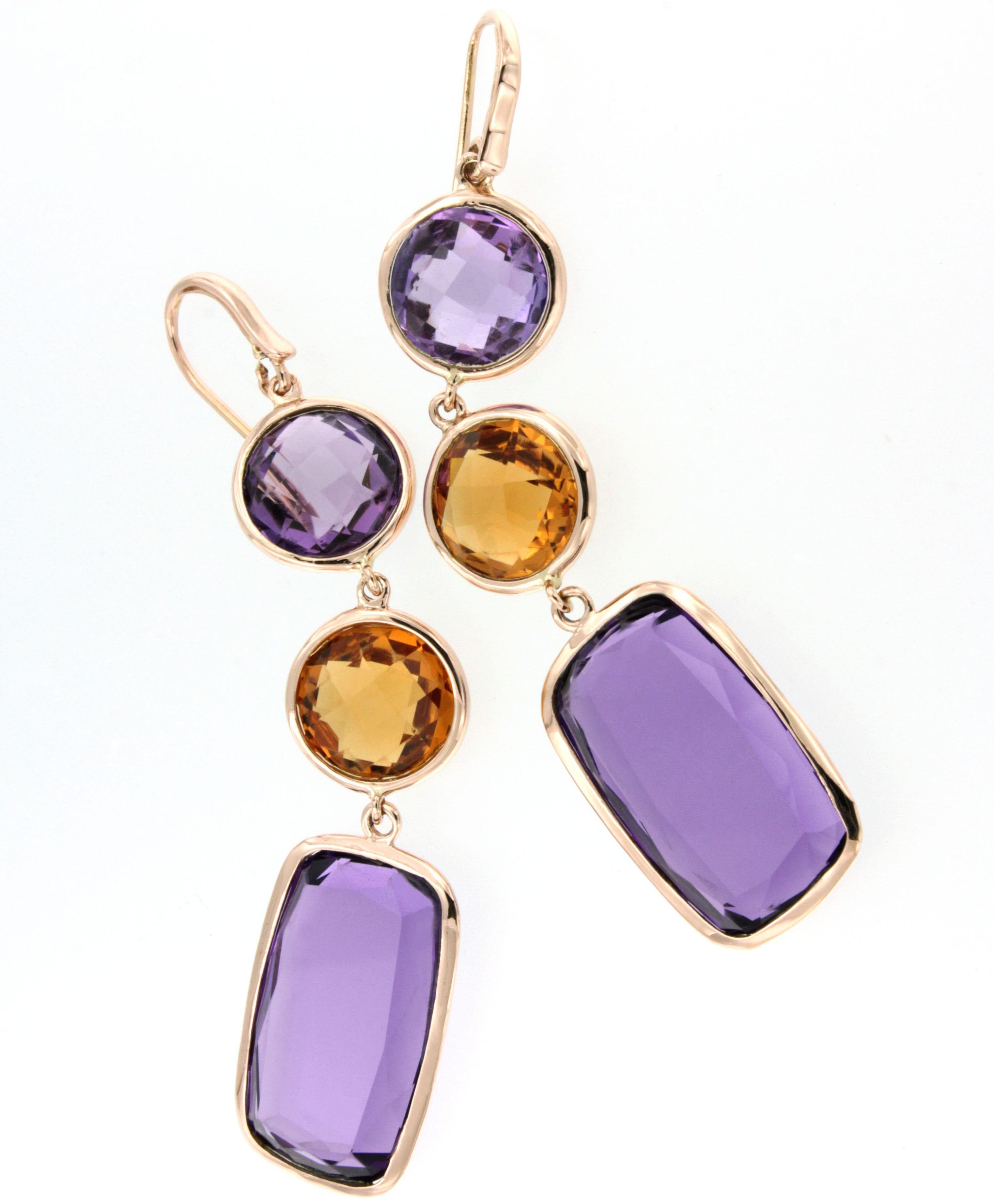 Earrings in rose gold 18 Karat with Amethyst (round cut, size: 12 mm; rectangural cut, size: 14x20 mm) and Citrine (round cut, size: 12 mm)

All Stanoppi Jewelry is new and has never been previously owned or worn. Each item will arrive at your door