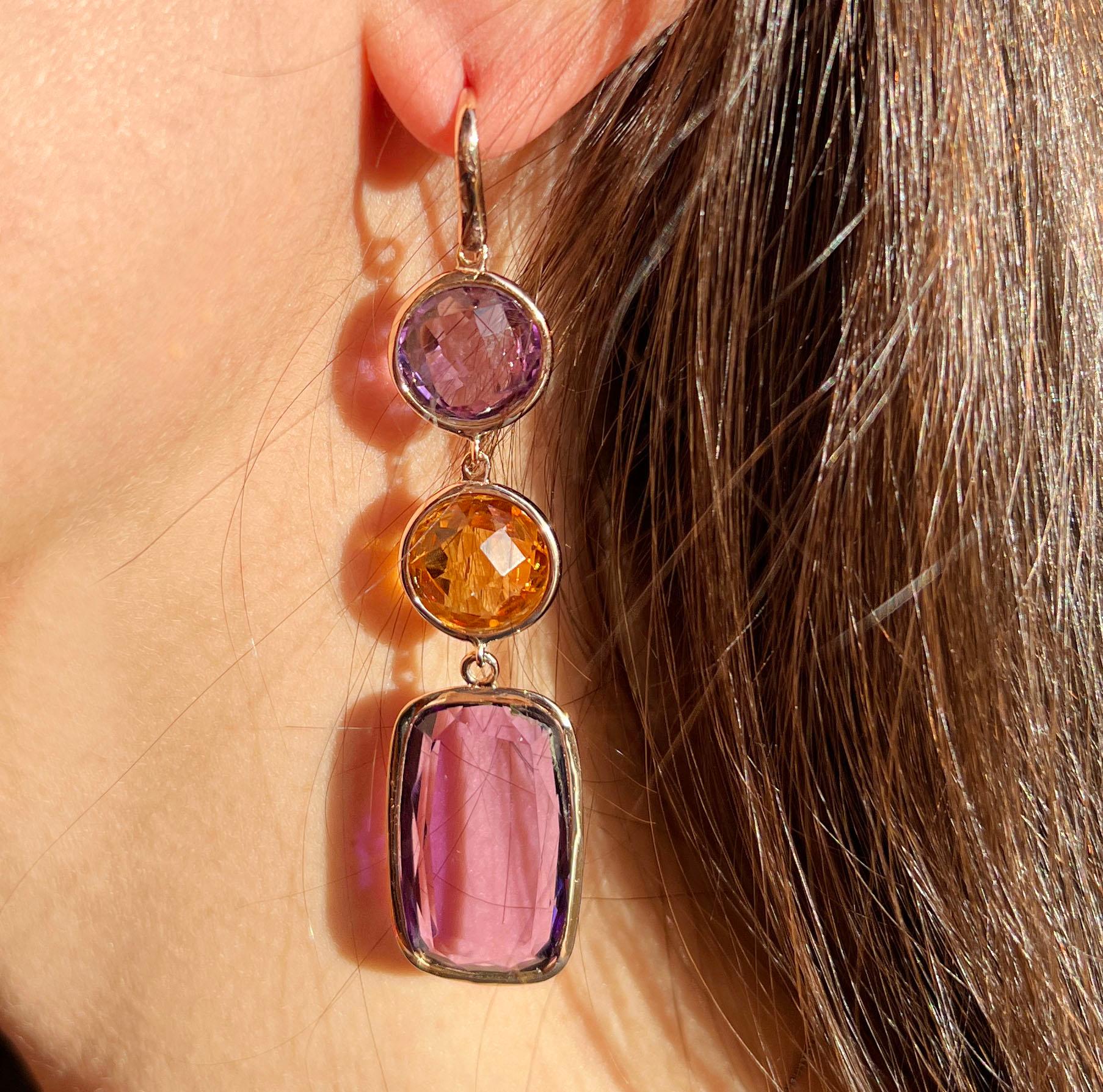 Modern 18 Kt Rose Gold with Amethyst and Citrine Fashion Earrings For Sale