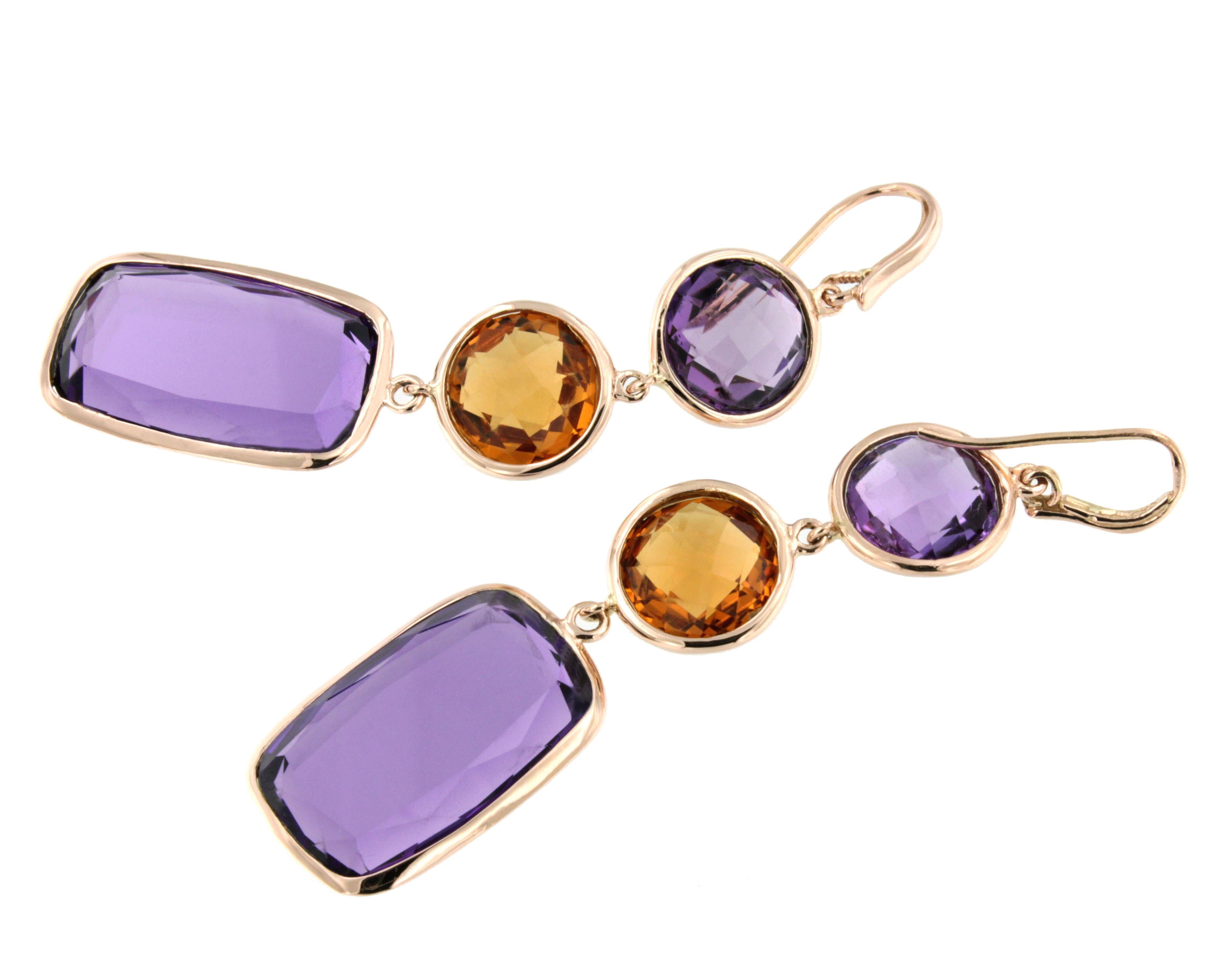 Round Cut 18 Kt Rose Gold with Amethyst and Citrine Fashion Earrings For Sale