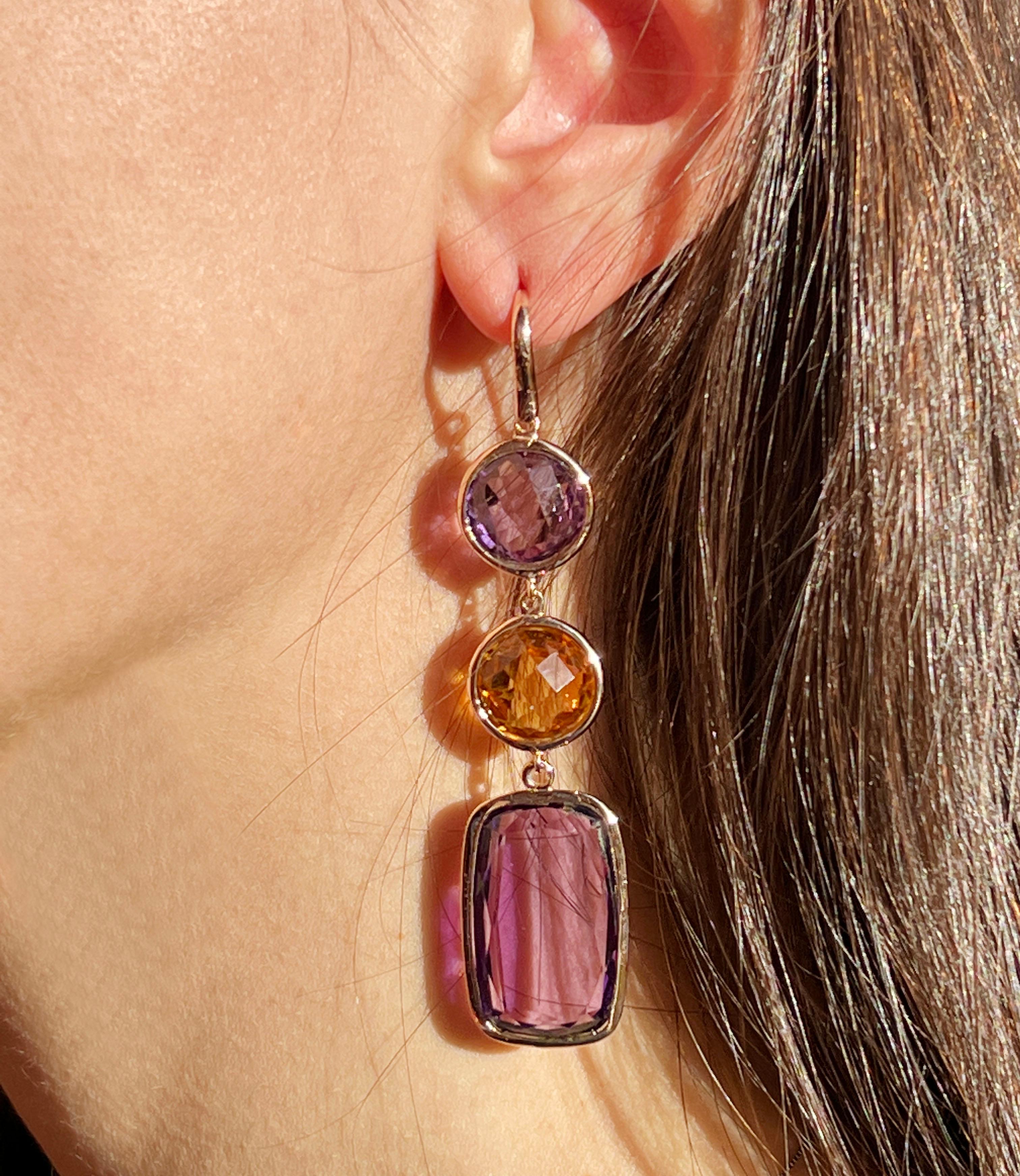 18 Kt Rose Gold with Amethyst and Citrine Fashion Earrings In New Condition For Sale In GALLARATE, IT