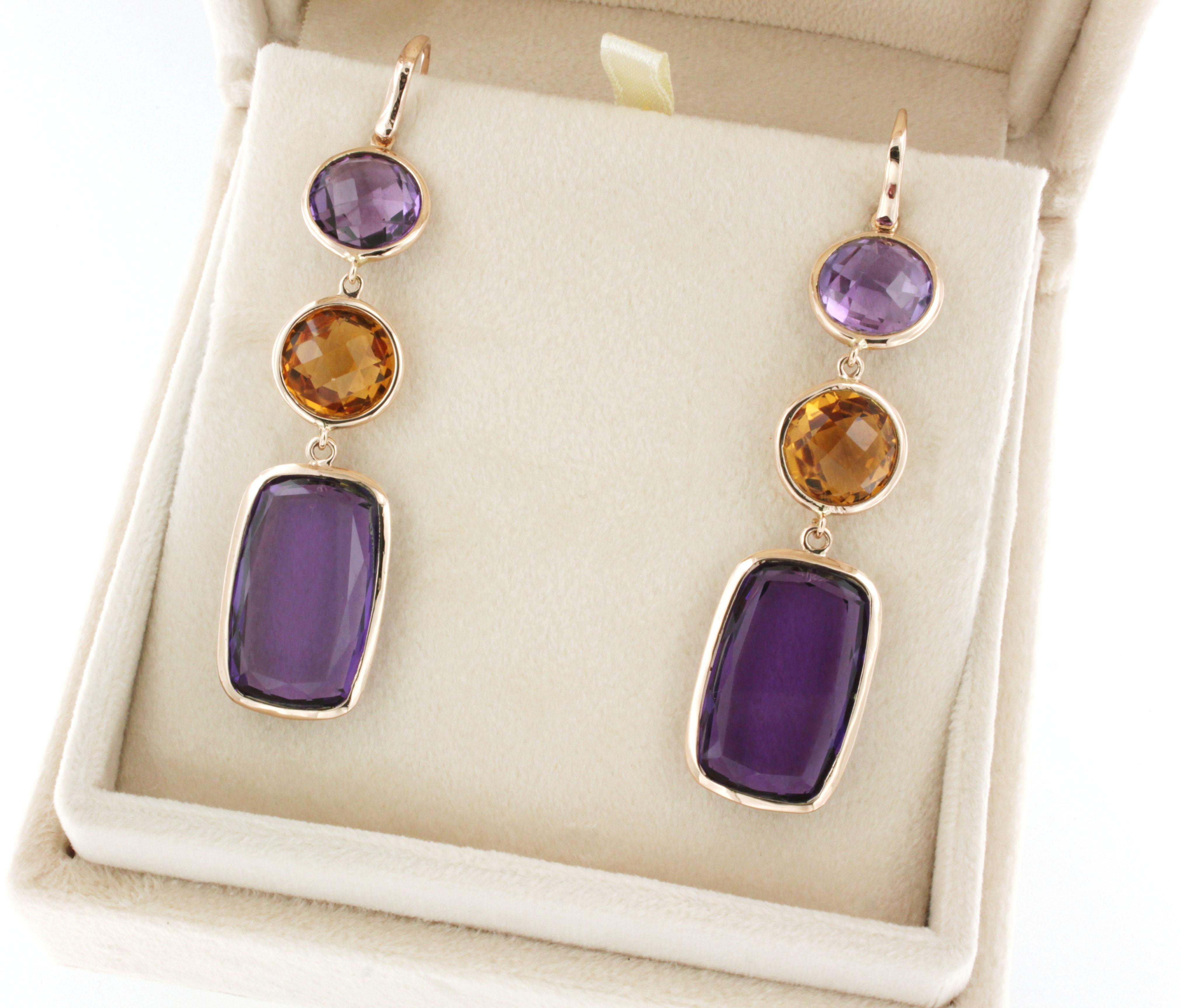 Women's or Men's 18 Kt Rose Gold with Amethyst and Citrine Fashion Earrings For Sale