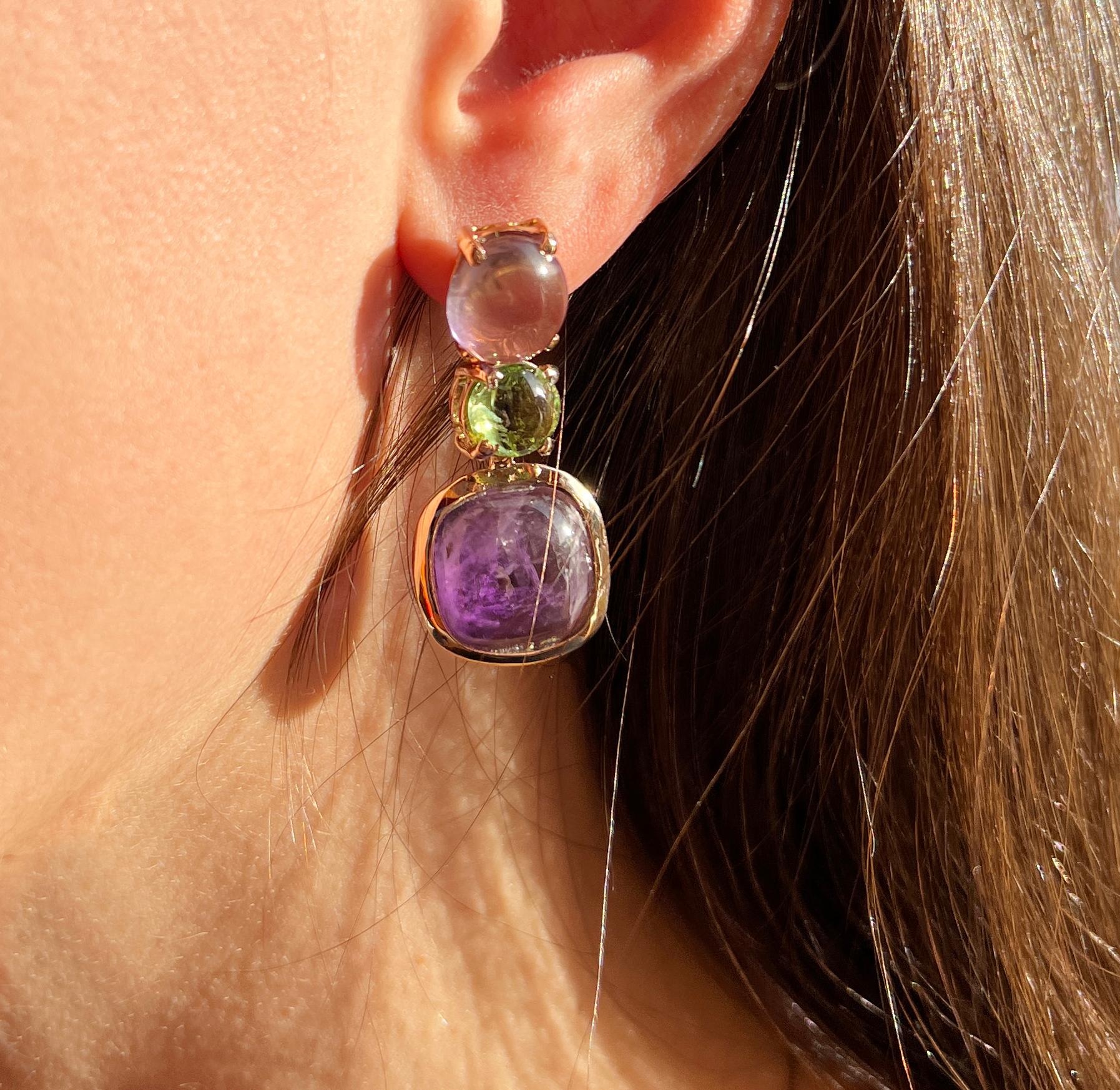 Oval Cut 18 Kt Rose Gold with Amethyst and Peridot Modern and Fashion Earrings For Sale