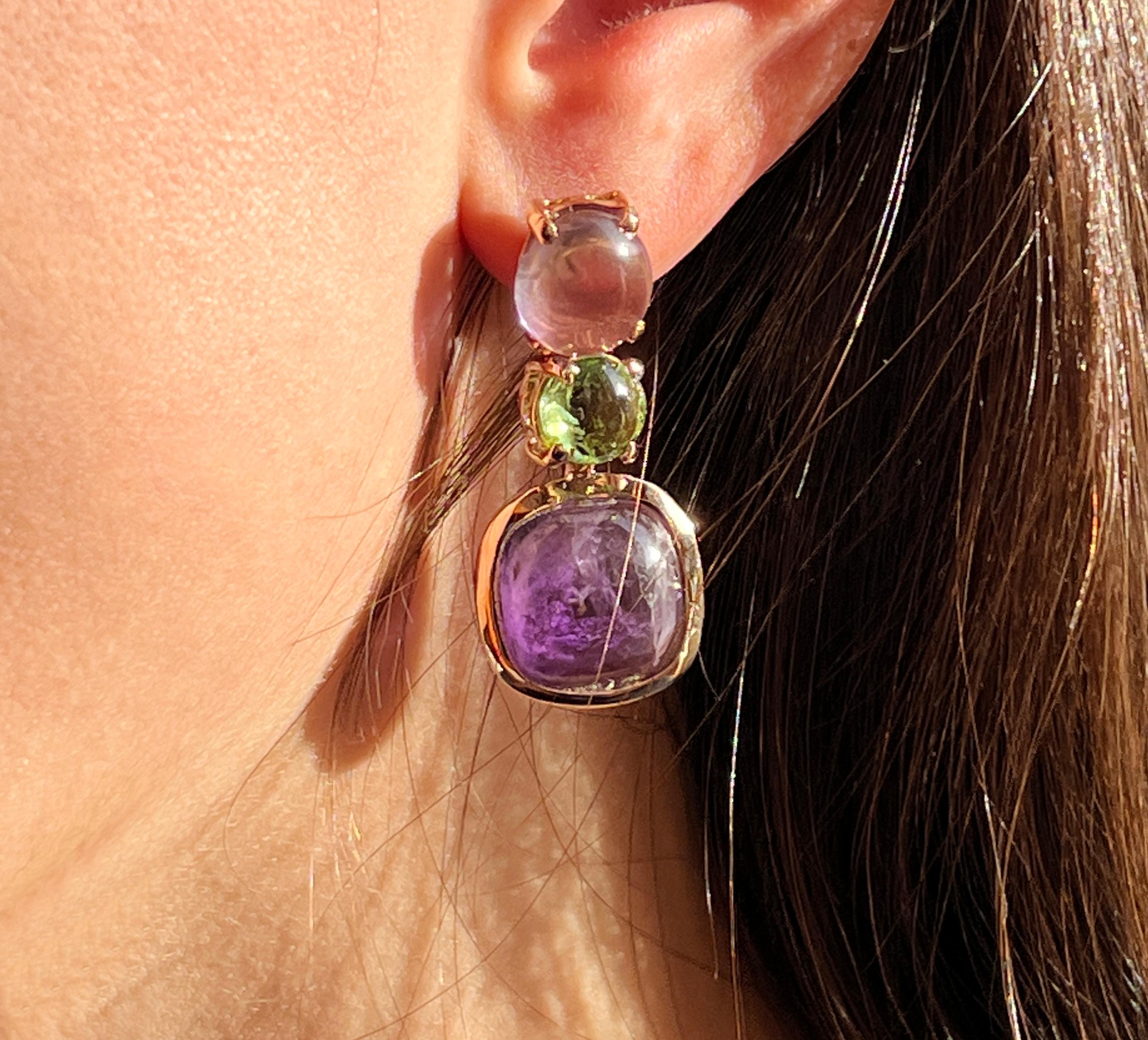 Women's or Men's 18 Kt Rose Gold with Amethyst and Peridot Modern and Fashion Earrings For Sale
