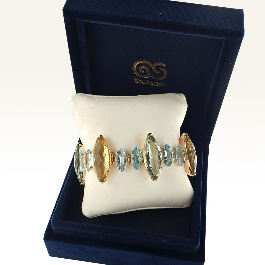 Women's or Men's 18 Karat Rose Gold with Green Amethyst, Lemon Quartz and Blue Topaz Bracelet For Sale
